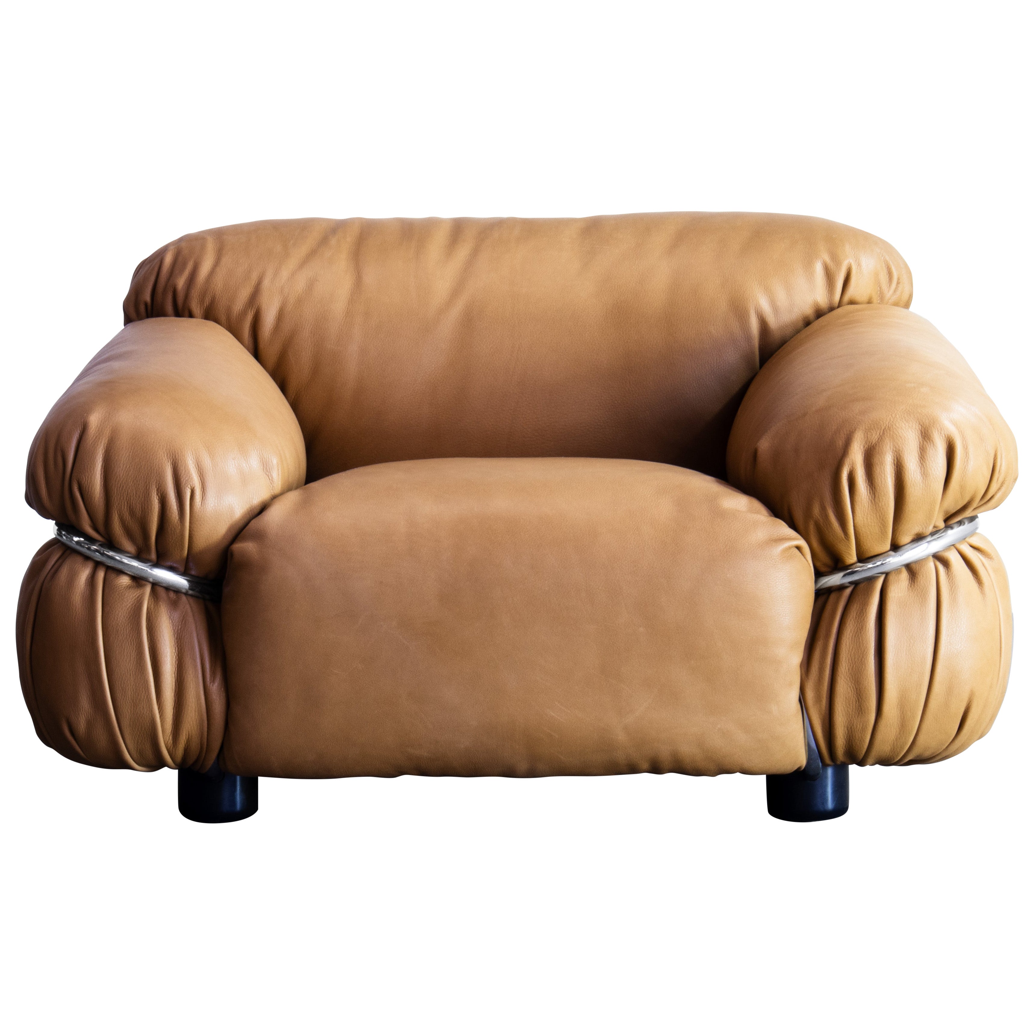 1970s Italian Cognac Leather & Chrome Sesann Lounge Armchair by Frattini Cassina