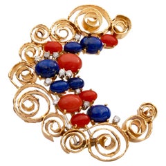 1970s Italian Modernist Coral Lapis Diamond 18k Gold Crescent Brooch