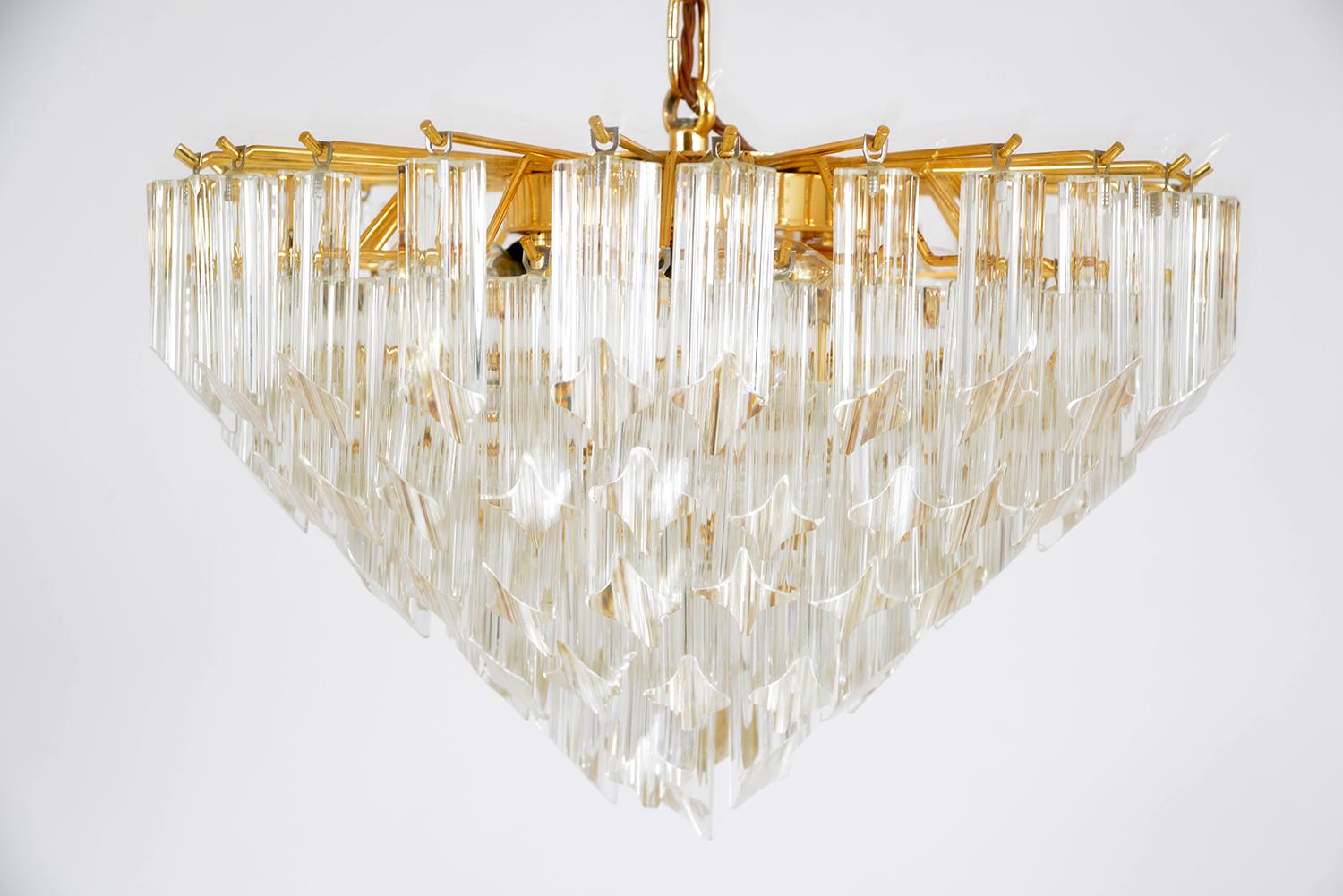 Brass 1970s Italian Crystal Quadriedri Prism Chandelier by Novaresi Luce Milano Venini