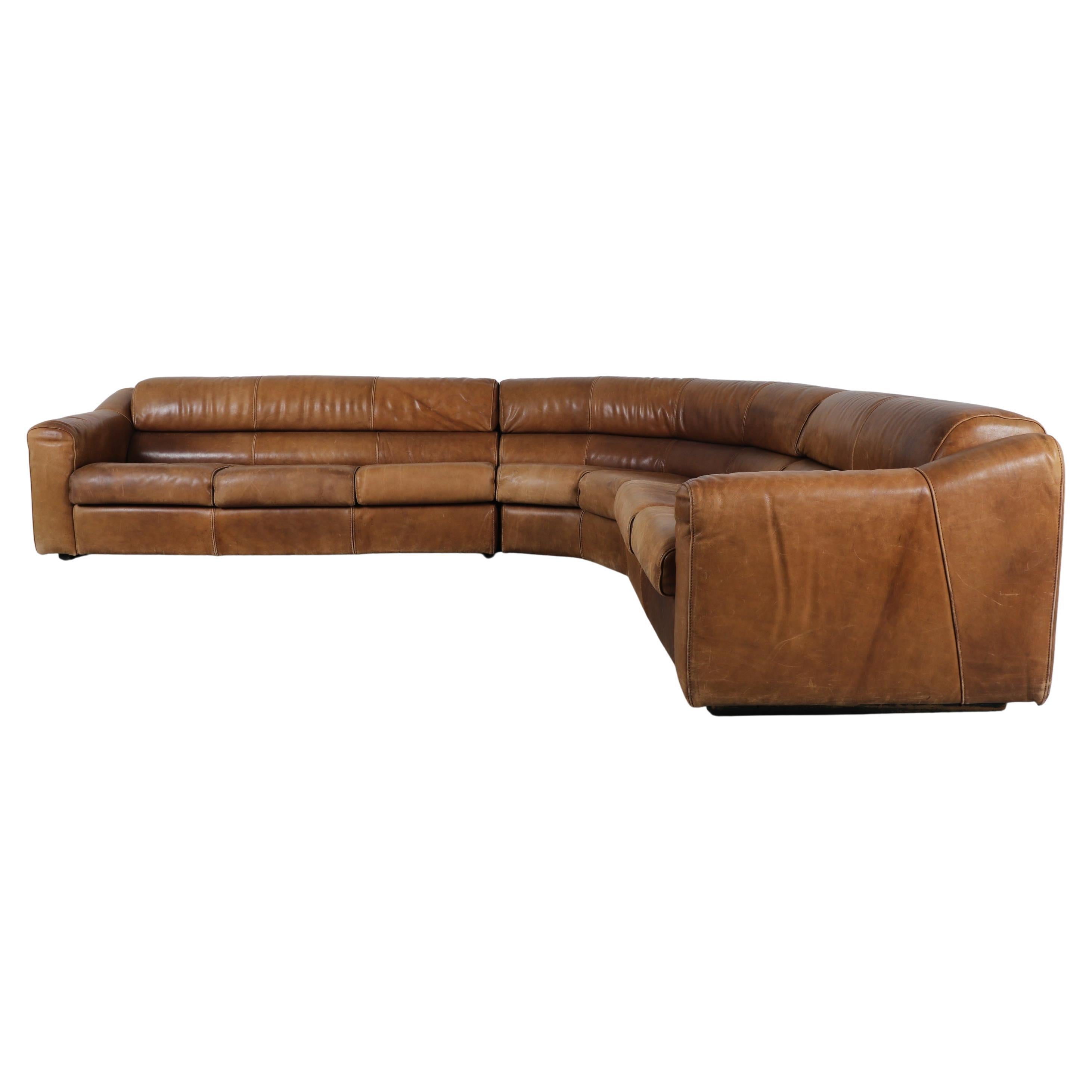 1970s Italian Curved Leather Sectional Sofa, Cognac, Modular L-Shape