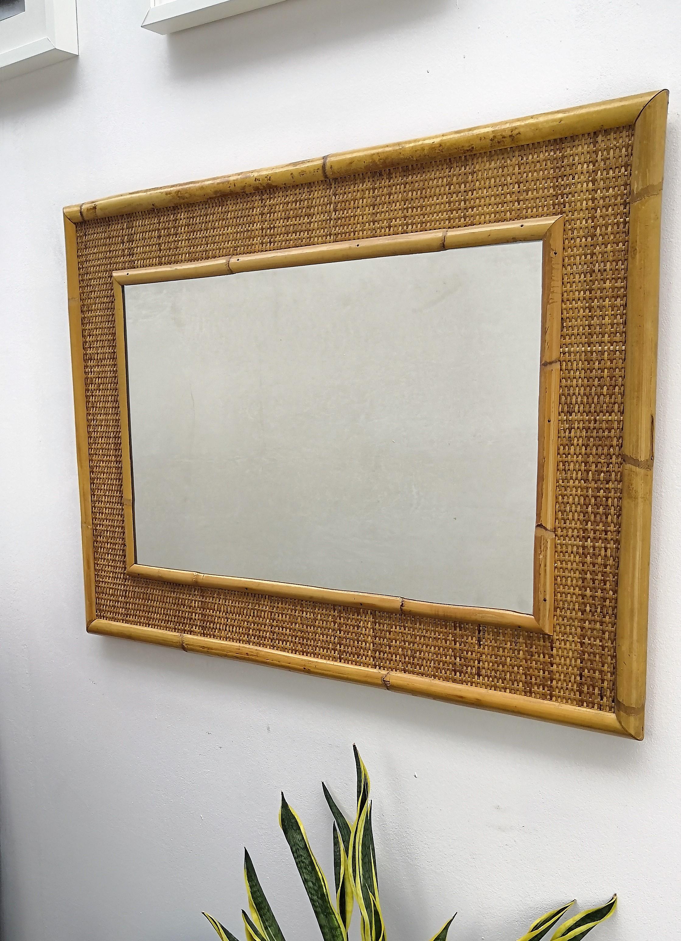 French Provincial 1970s Italian Dal Vera Bamboo Rattan Midcentury French Riviera Mirror