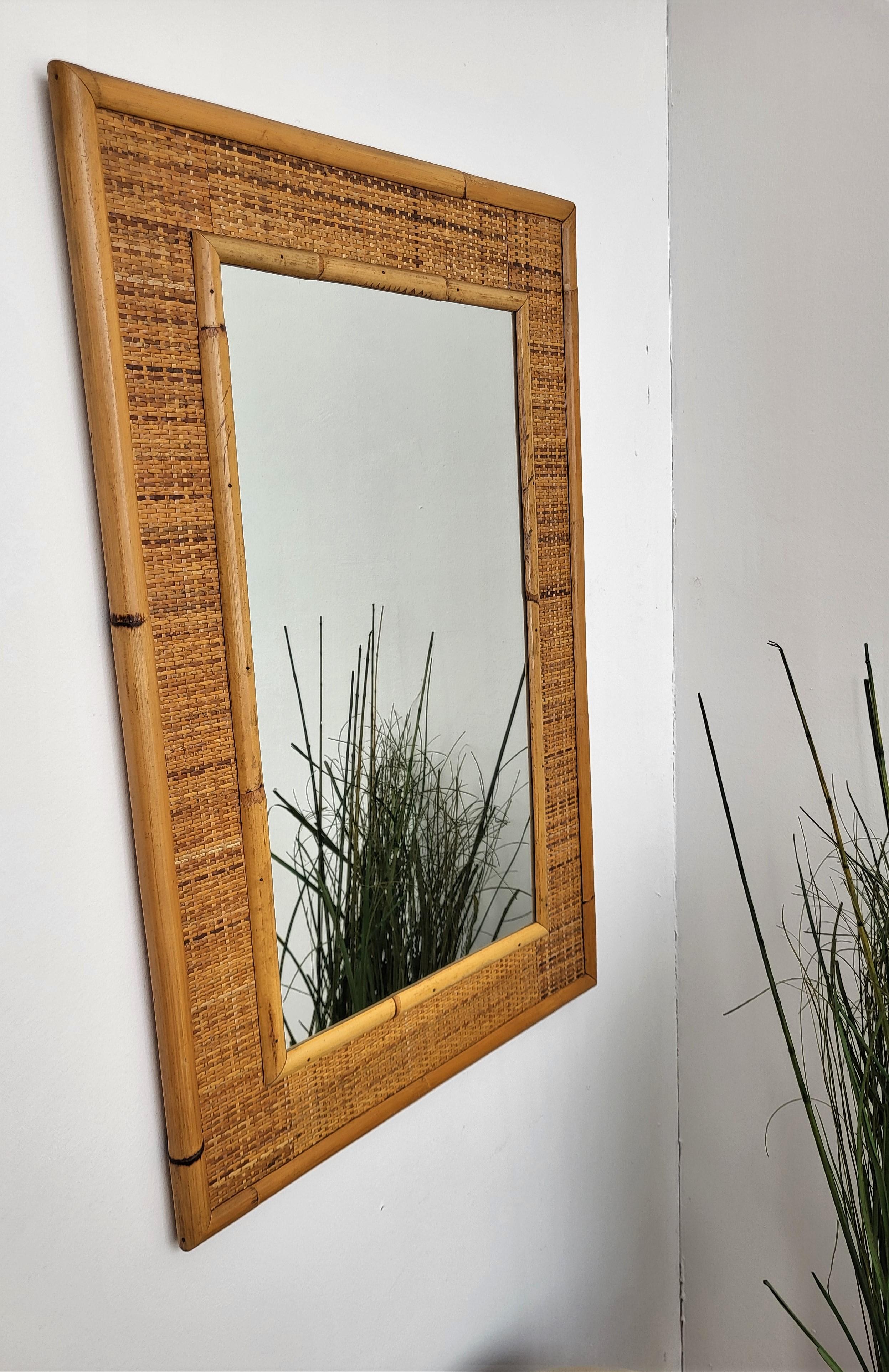 French Provincial 1970s Italian Dal Vera Bamboo Rattan Midcentury French Riviera Mirror For Sale