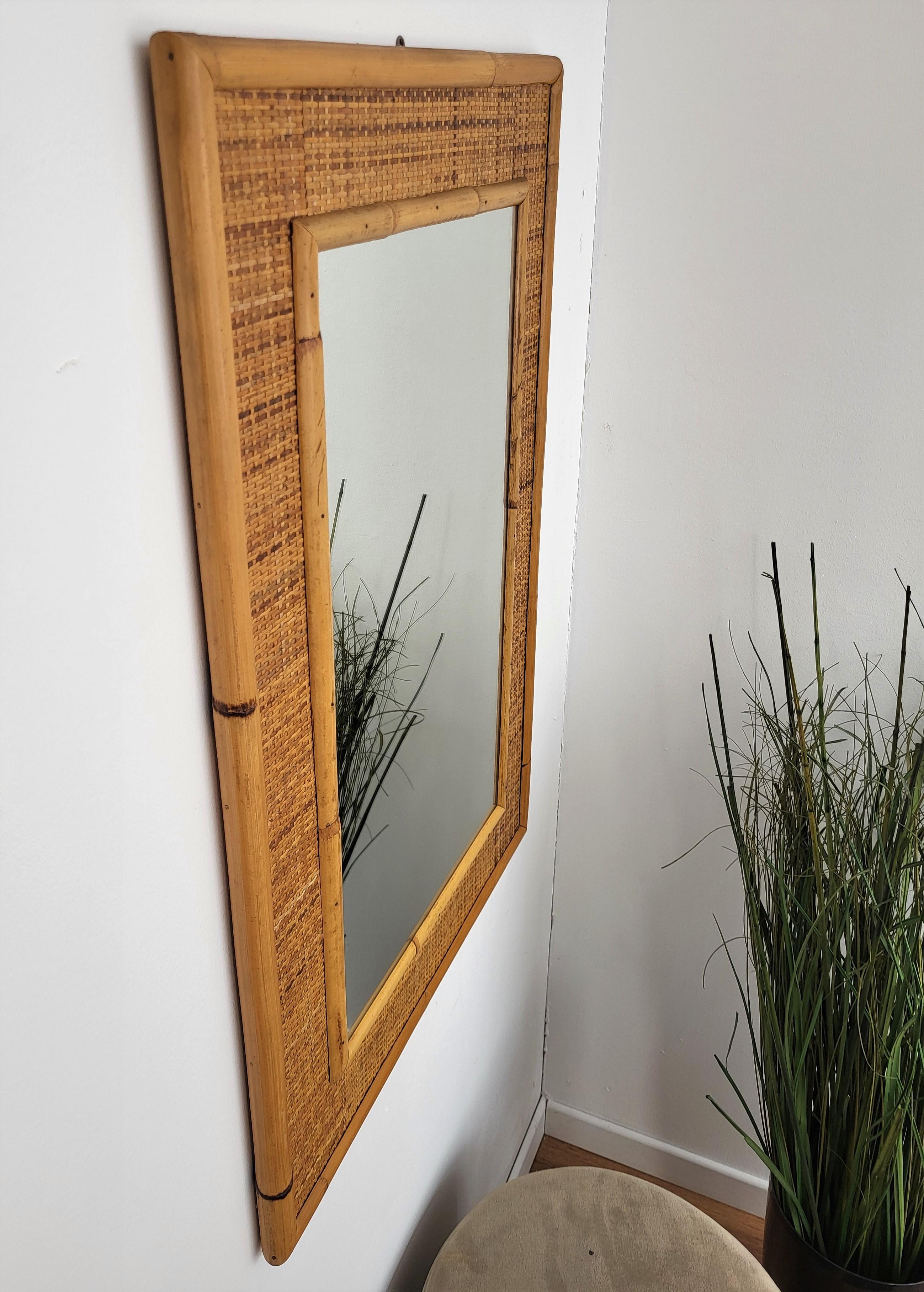 20th Century 1970s Italian Dal Vera Bamboo Rattan Midcentury French Riviera Mirror For Sale