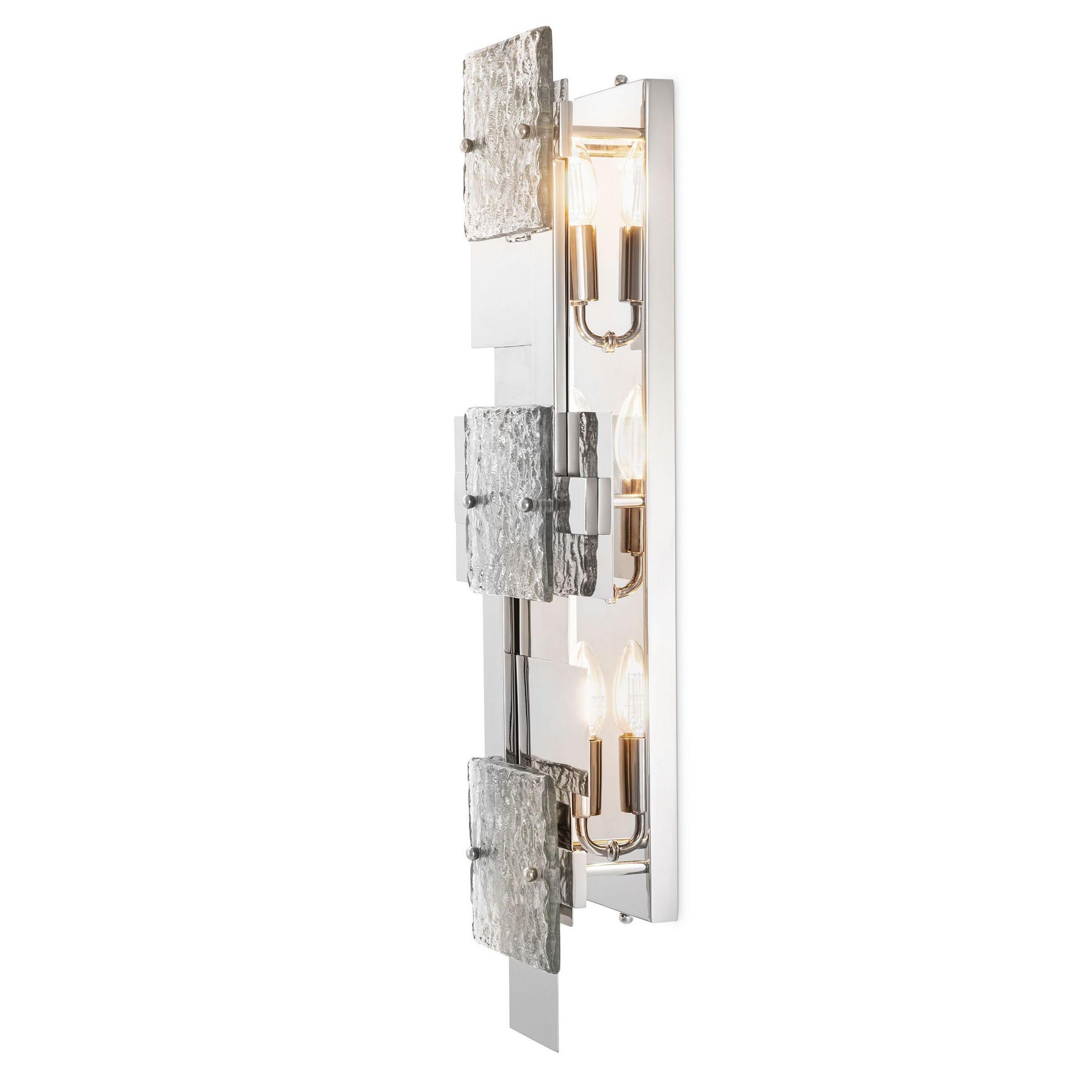 Italian design and Brutalist style large wall light composed of an aerial stainless steel metal structure with glass finish. E14 lightbulbs are required and 40W maximum.