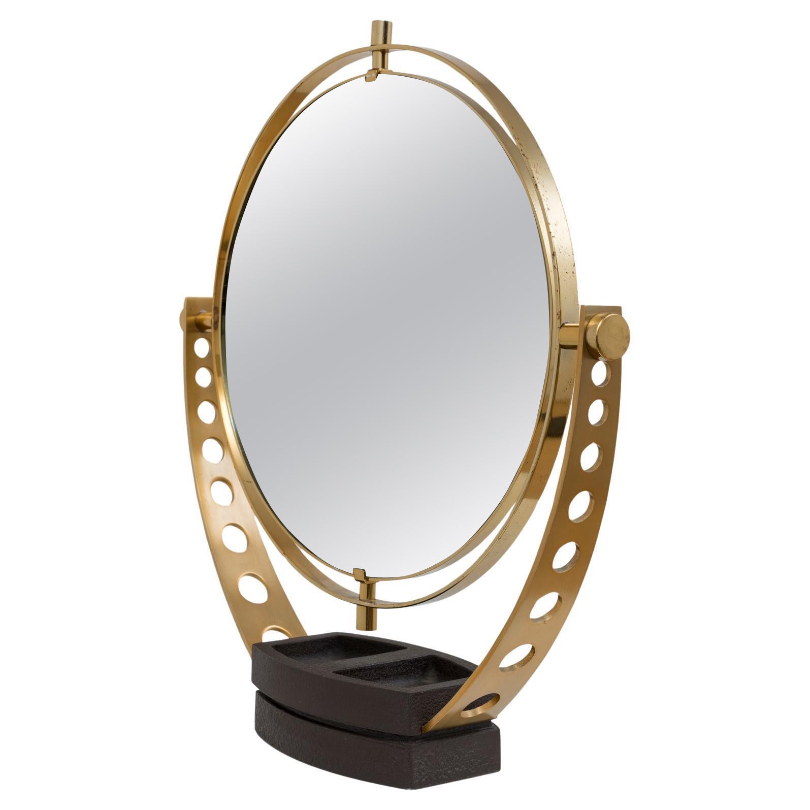 1970s Italian Design Brass Swiveling Table Mirror For Sale