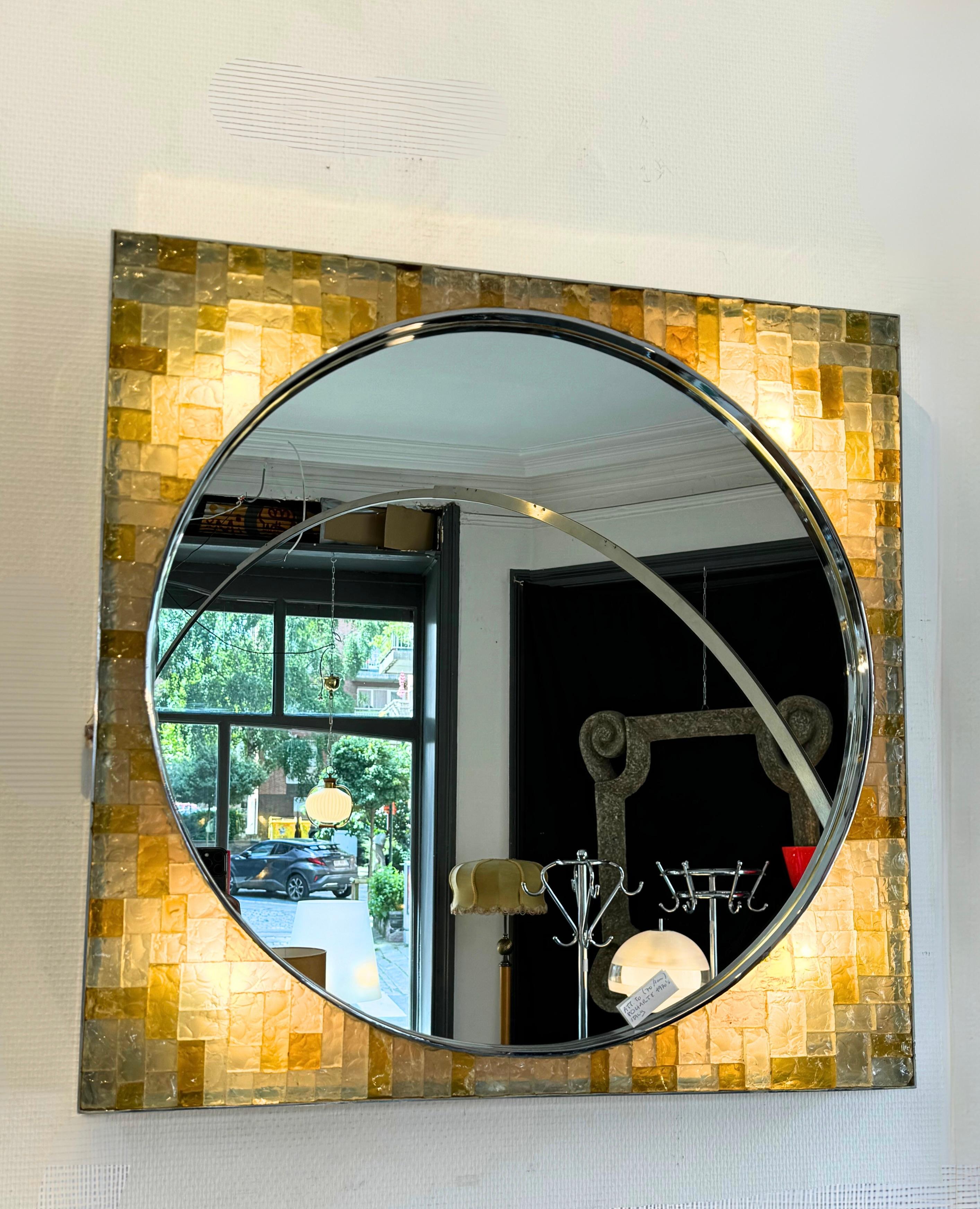 Mid-Century Modern 1970s Italian Design Glass Backlit Wall Mirror by Poliarte