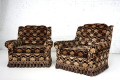 1970s Italian Design Grapic Fabric and Wooden Armchairs