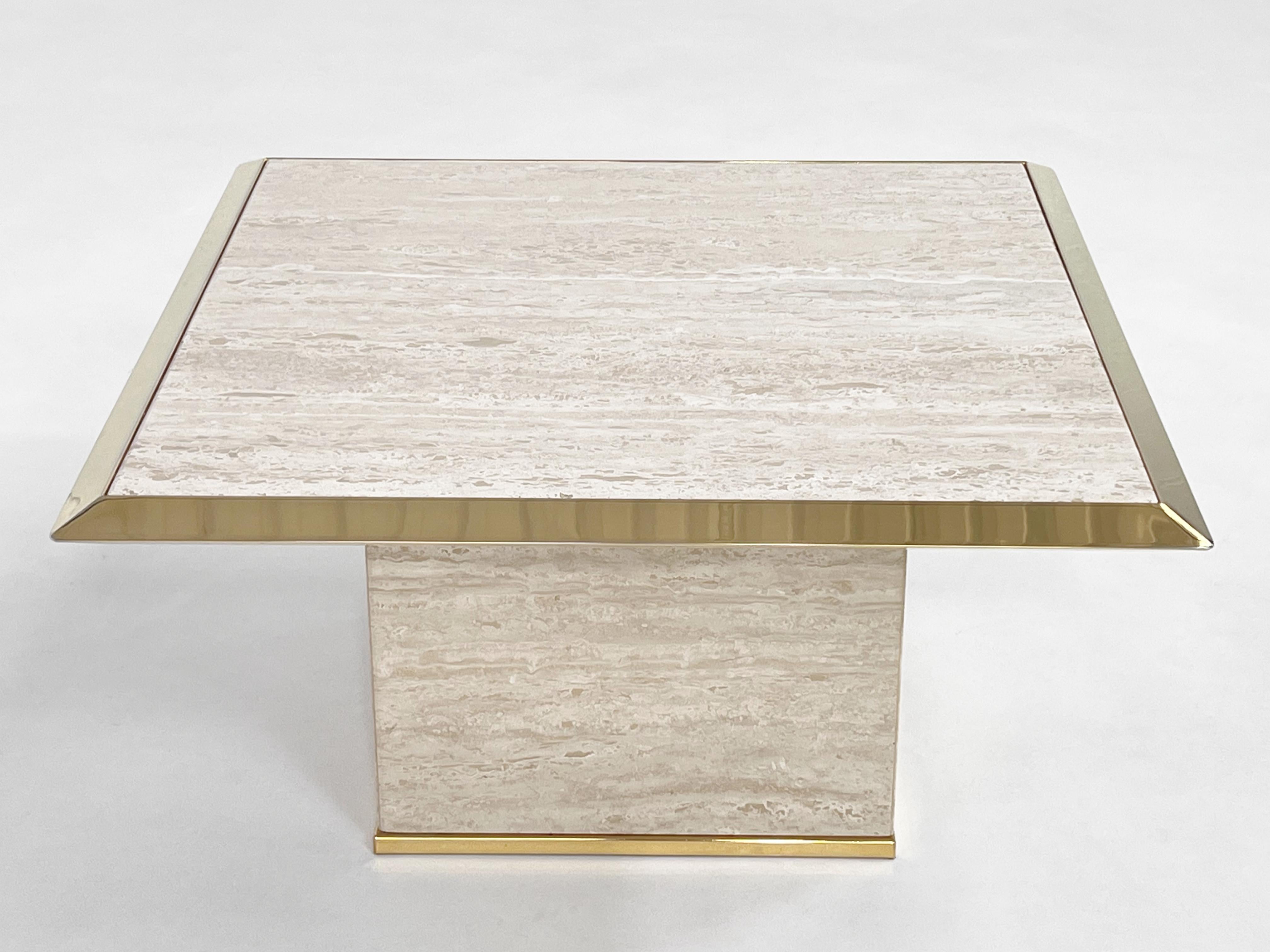 European 1970s Italian Design Hollywood Regency Style Travertine and Brass Coffee Table For Sale