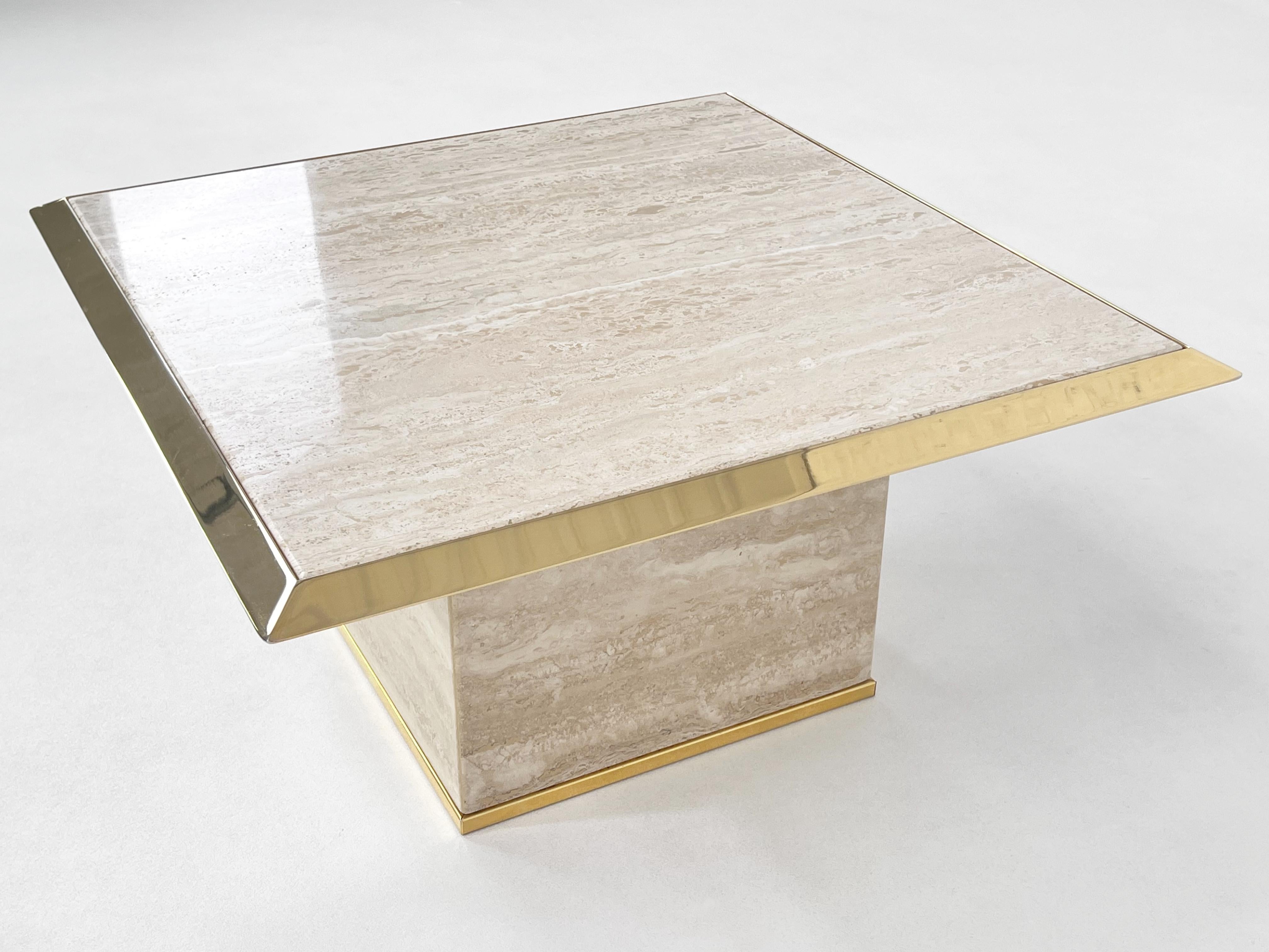 1970s Italian Design Hollywood Regency Style Travertine and Brass Coffee Table For Sale 3
