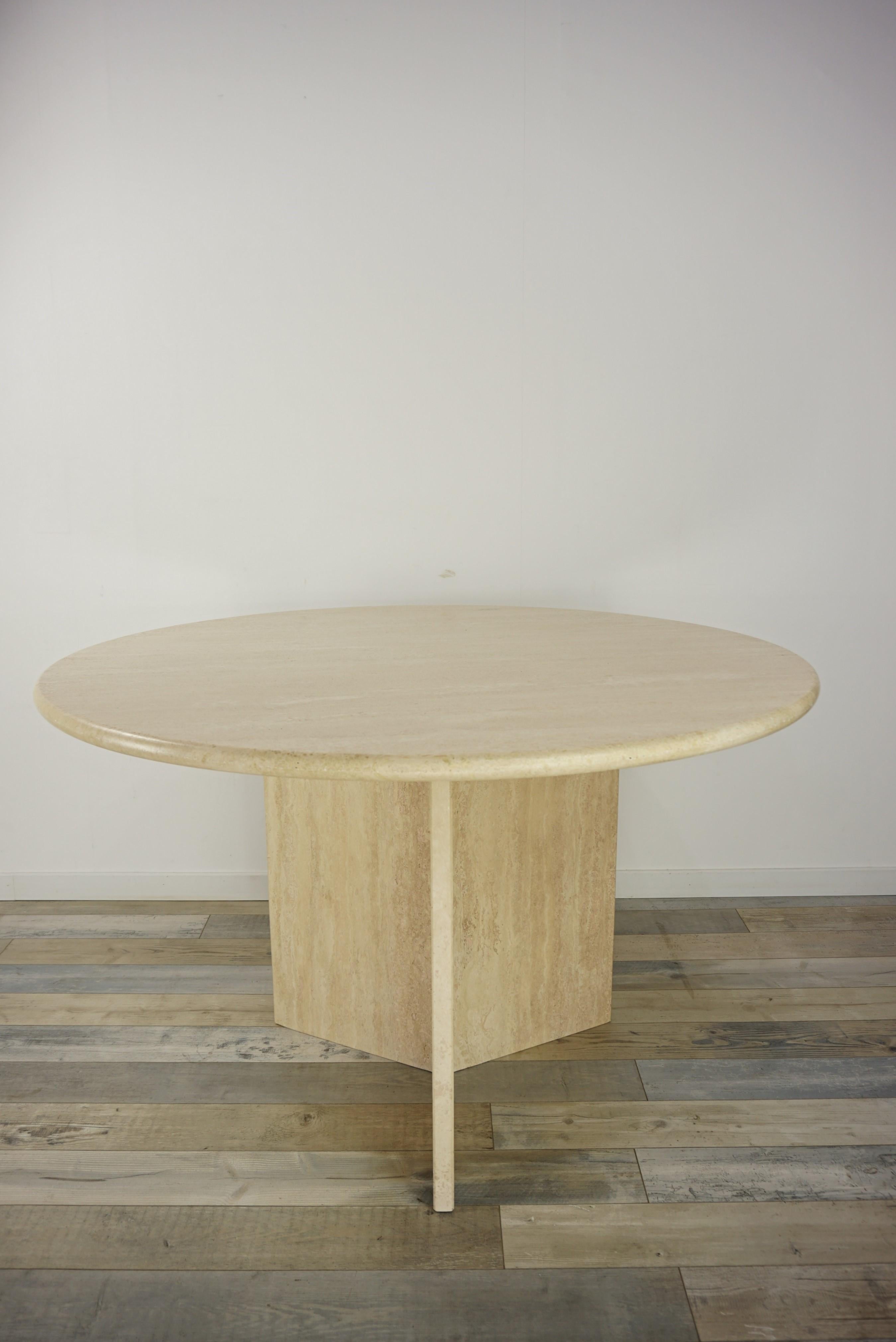 Hollywood Regency 1970s Italian Design Round Travertine Pedestal Table