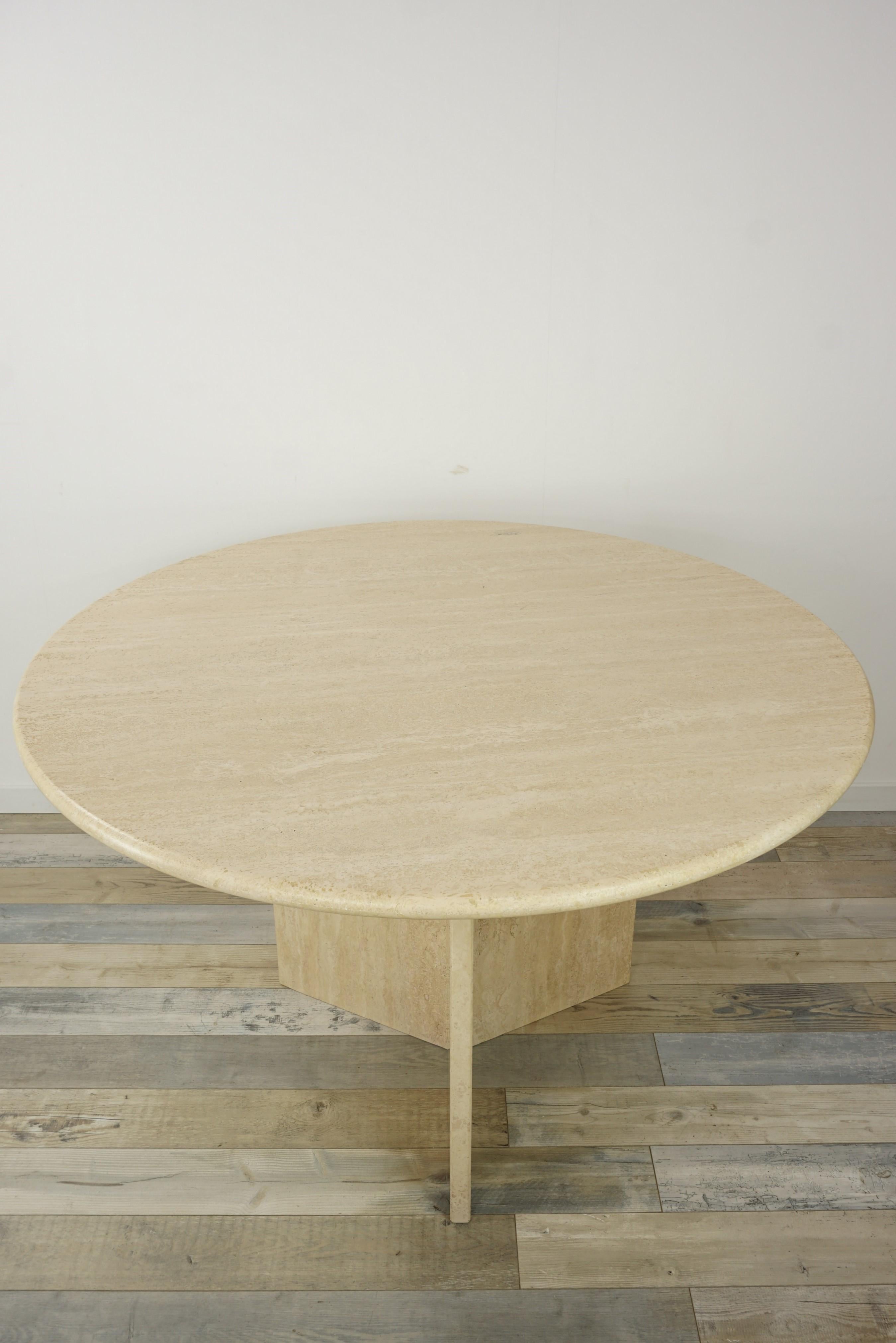 European 1970s Italian Design Round Travertine Pedestal Table
