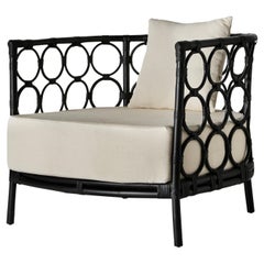 1970s Italian Design Style Black Lacquered Rattan and Beige Fabric Armchair