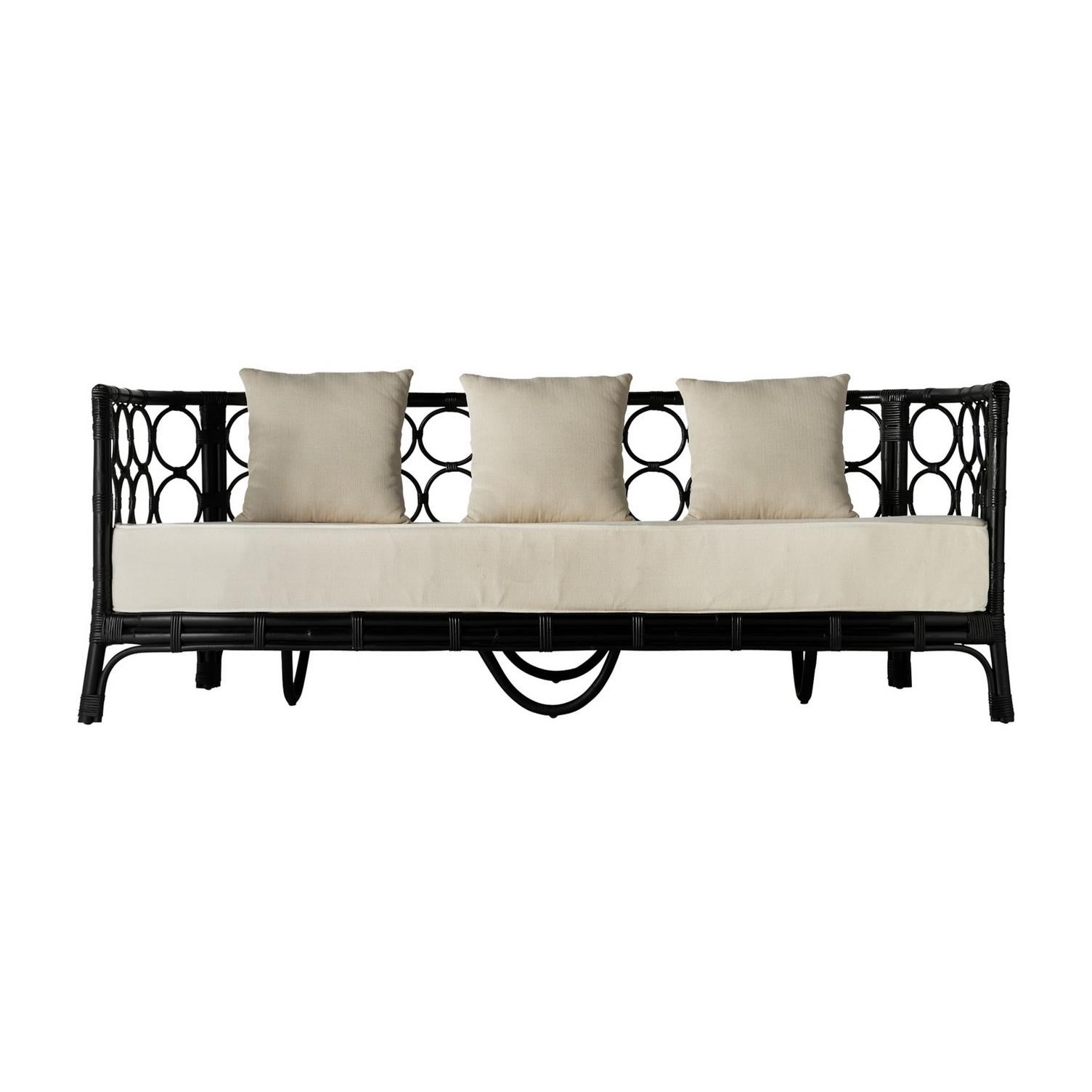Unknown 1970s Italian Design Style Black Lacquered Rattan and Beige Linen Fabric Sofa