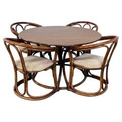 1970s Italian Design Style Pedestal Rattan And Wooden Round Table and 4 Chairs