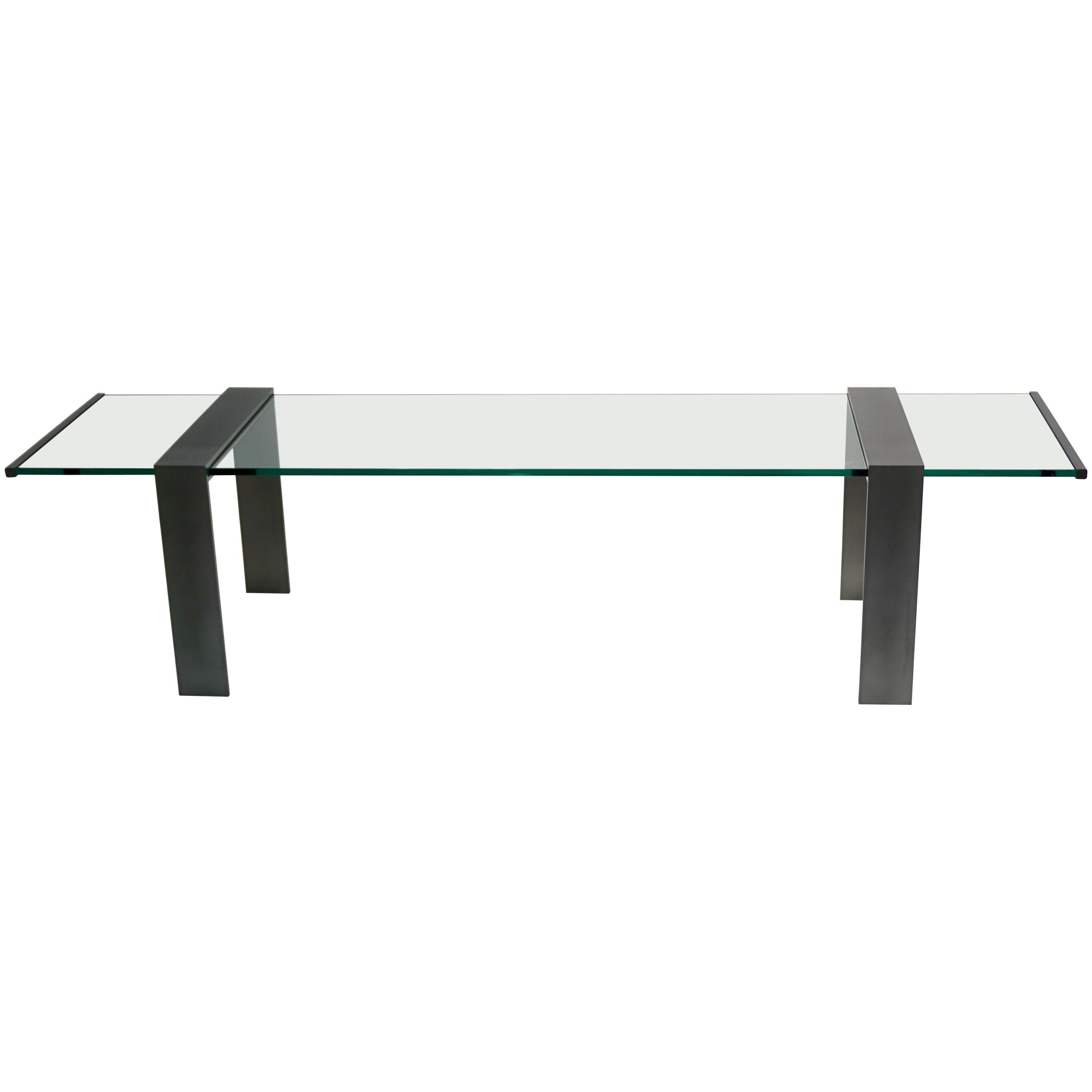 1970s Italian Design Urban Geometric Iron Satin & Crystal Clear Long Sofa Table For Sale