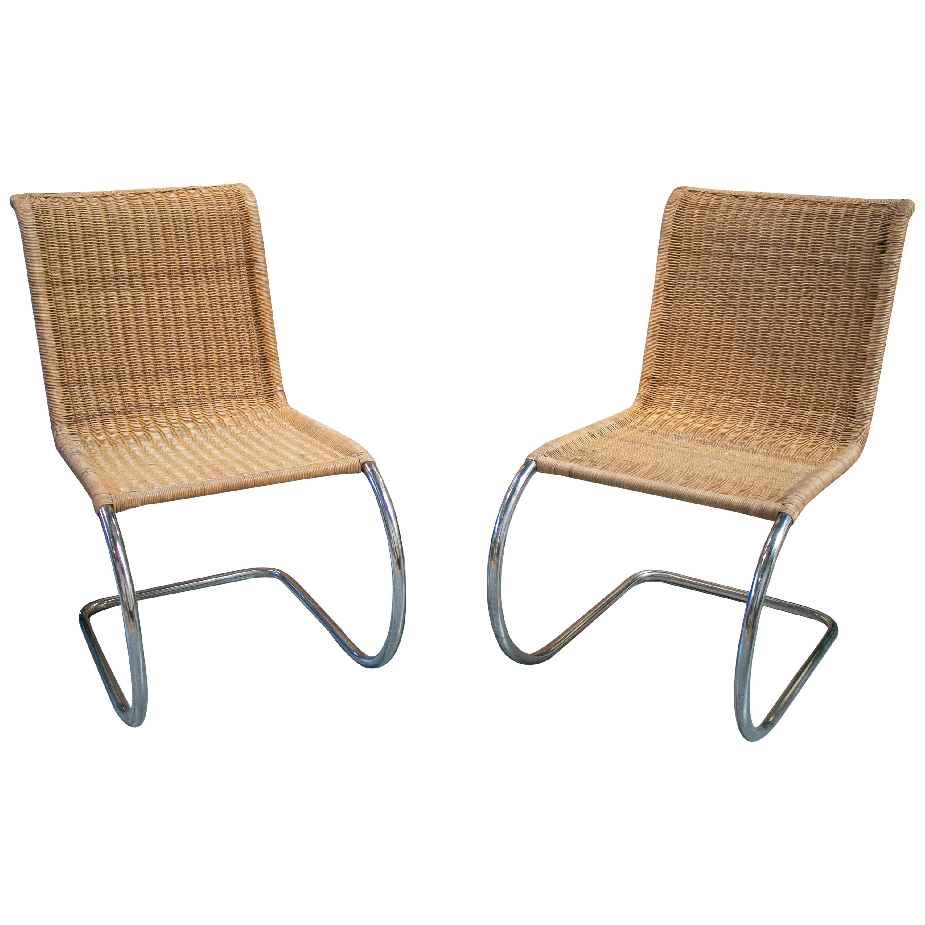 1970s Italian Designer Chairs with Steel Structure and Weaved Rattan