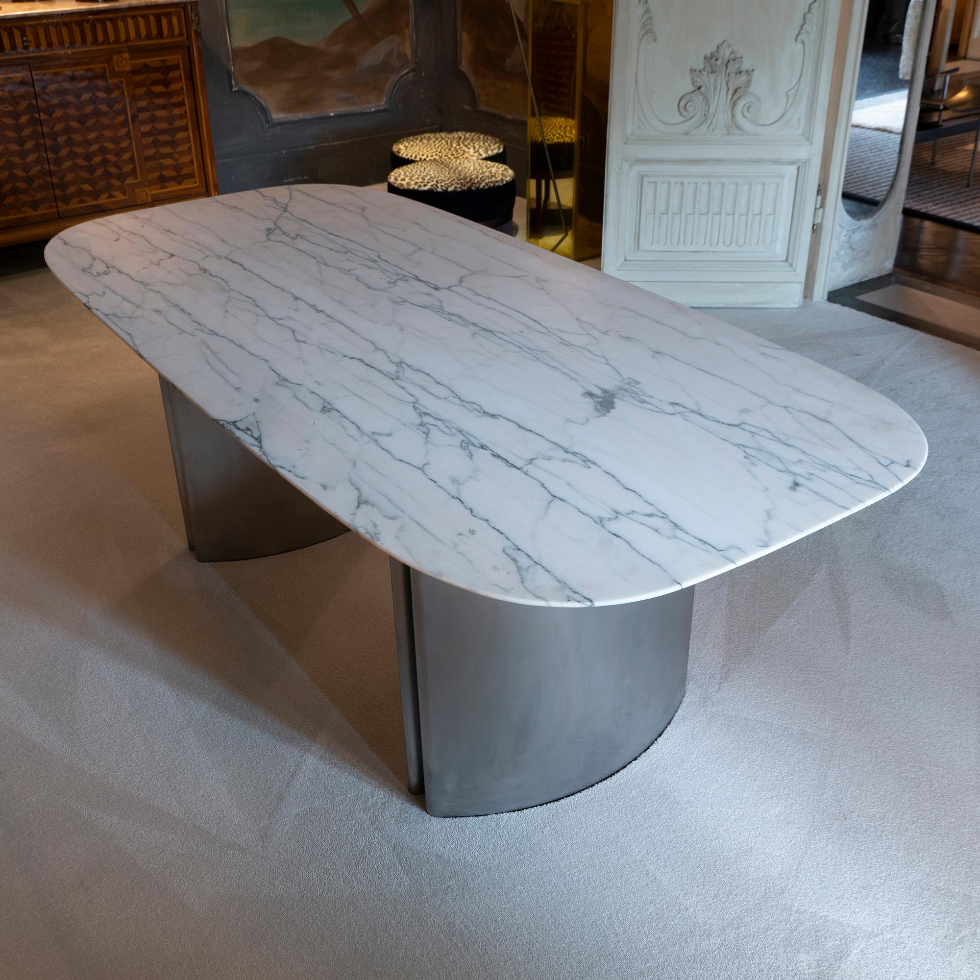 Late 20th Century 1970's Italian Dining Table Brushed Chrome Base and White Statuario Marble Top