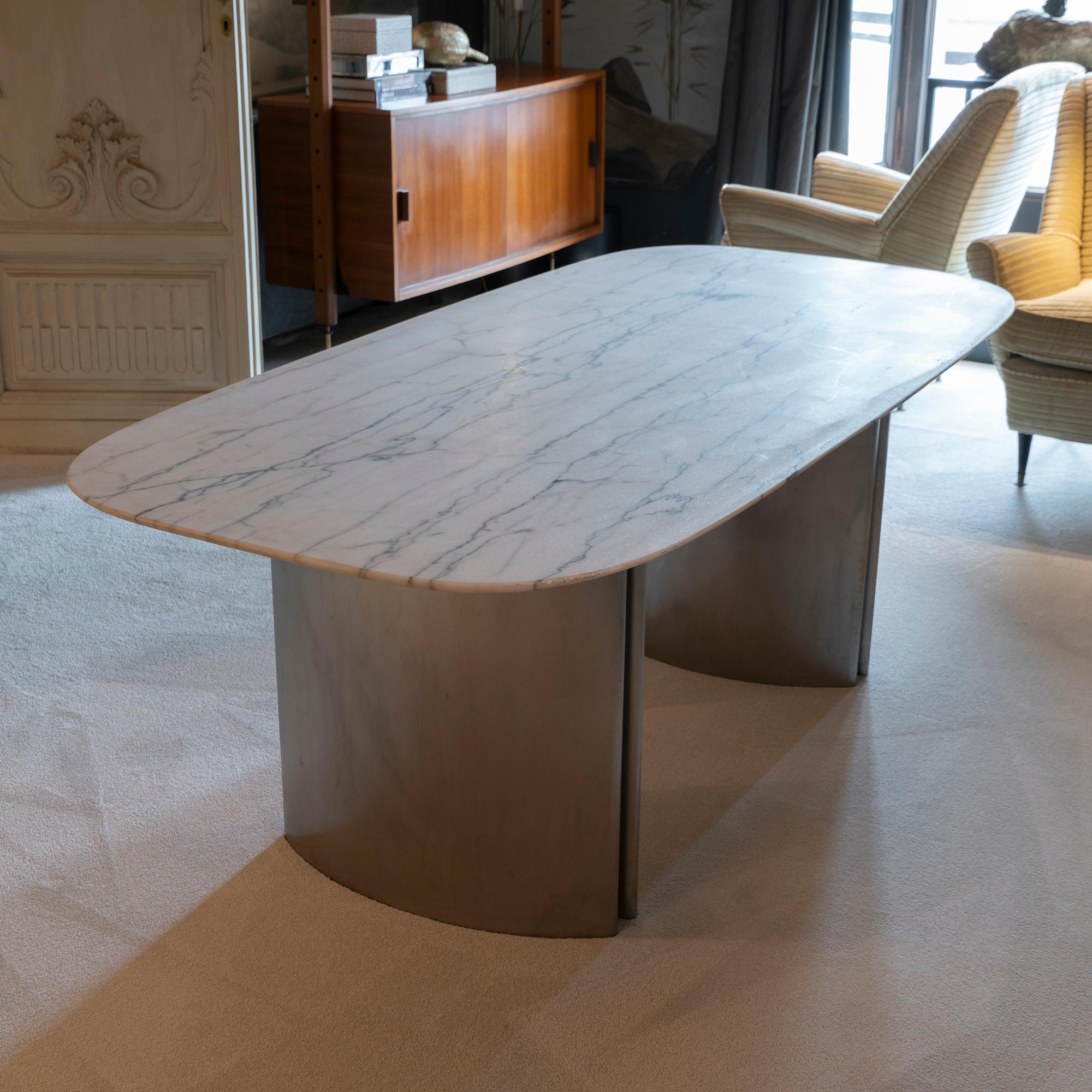 Stainless Steel 1970's Italian Dining Table Brushed Chrome Base and White Statuario Marble Top