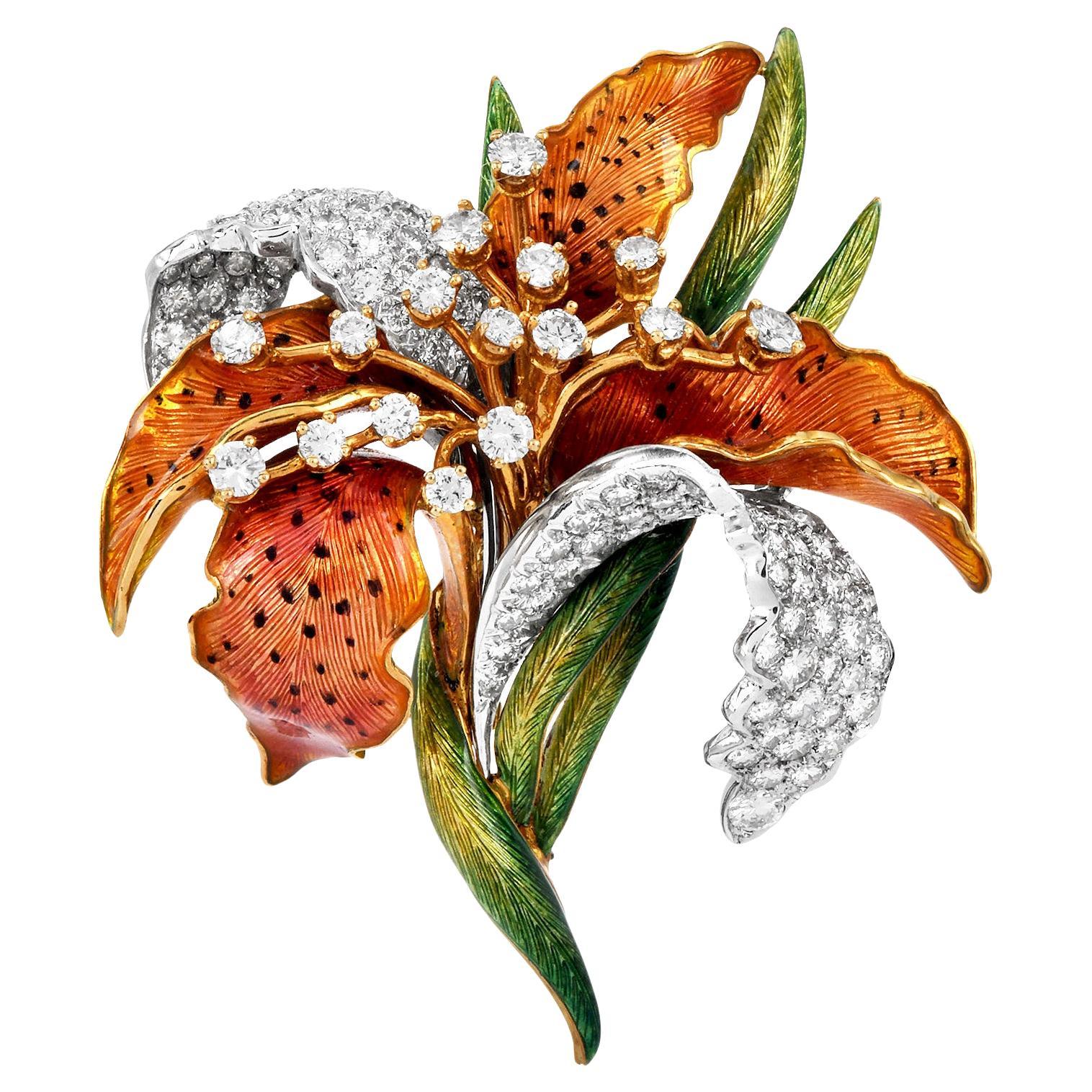 1970s Italian Enamel 6.25cts Diamond 18K Gold Lily Brooch