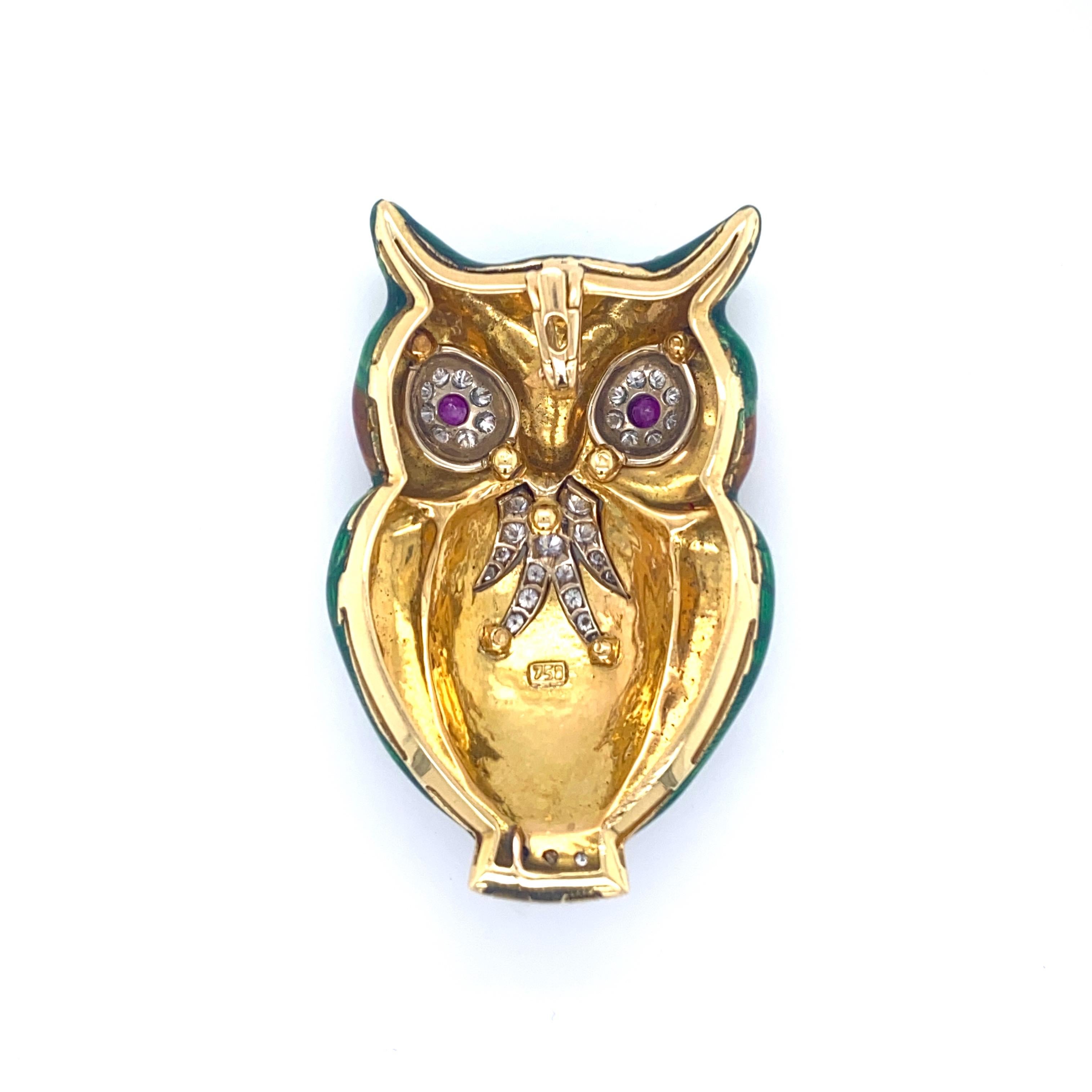 Women's or Men's 1970s Italian Enamel Diamond Ruby Gold Owl Pendant