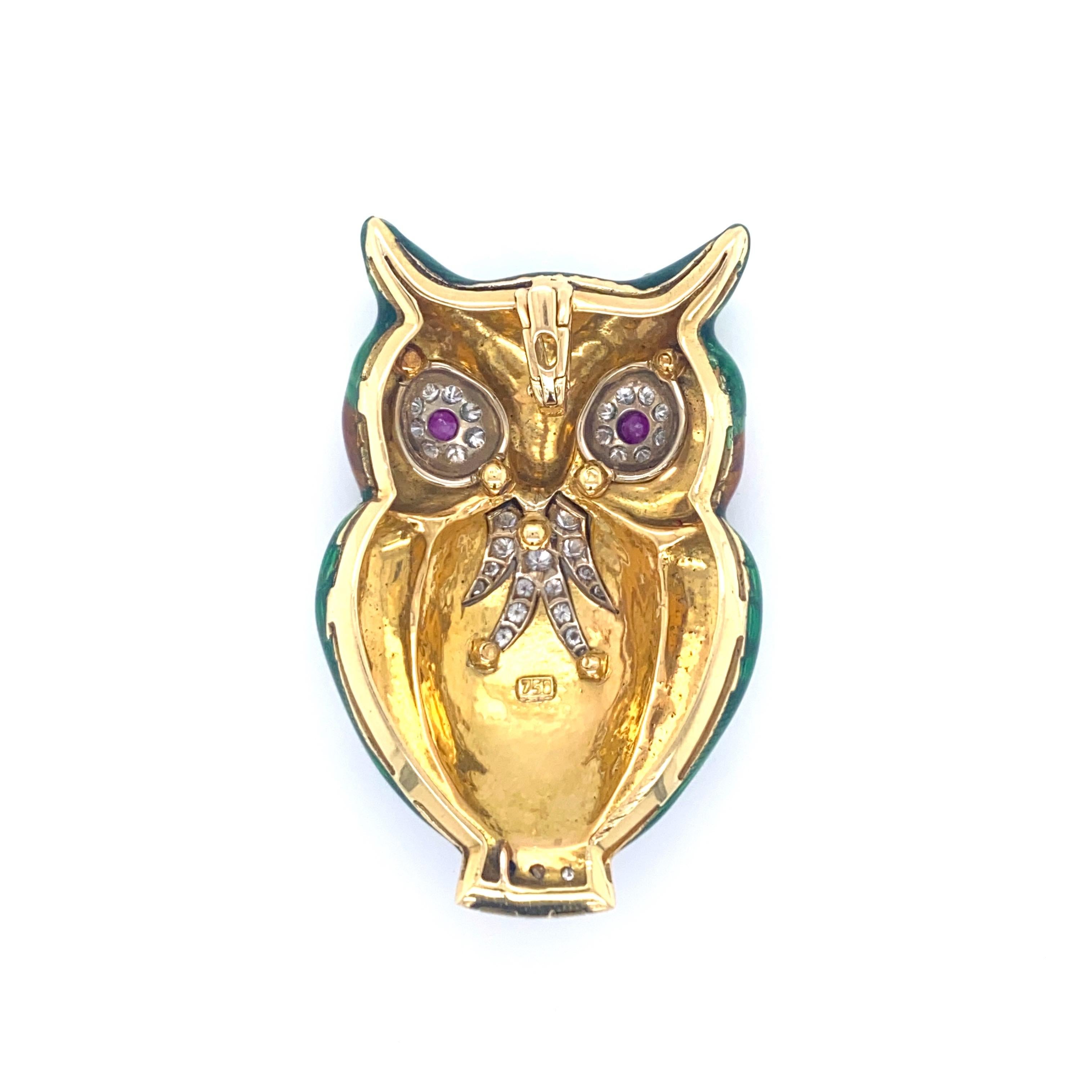 1970s Italian Enamel Diamond Ruby Gold Owl Pendant 2