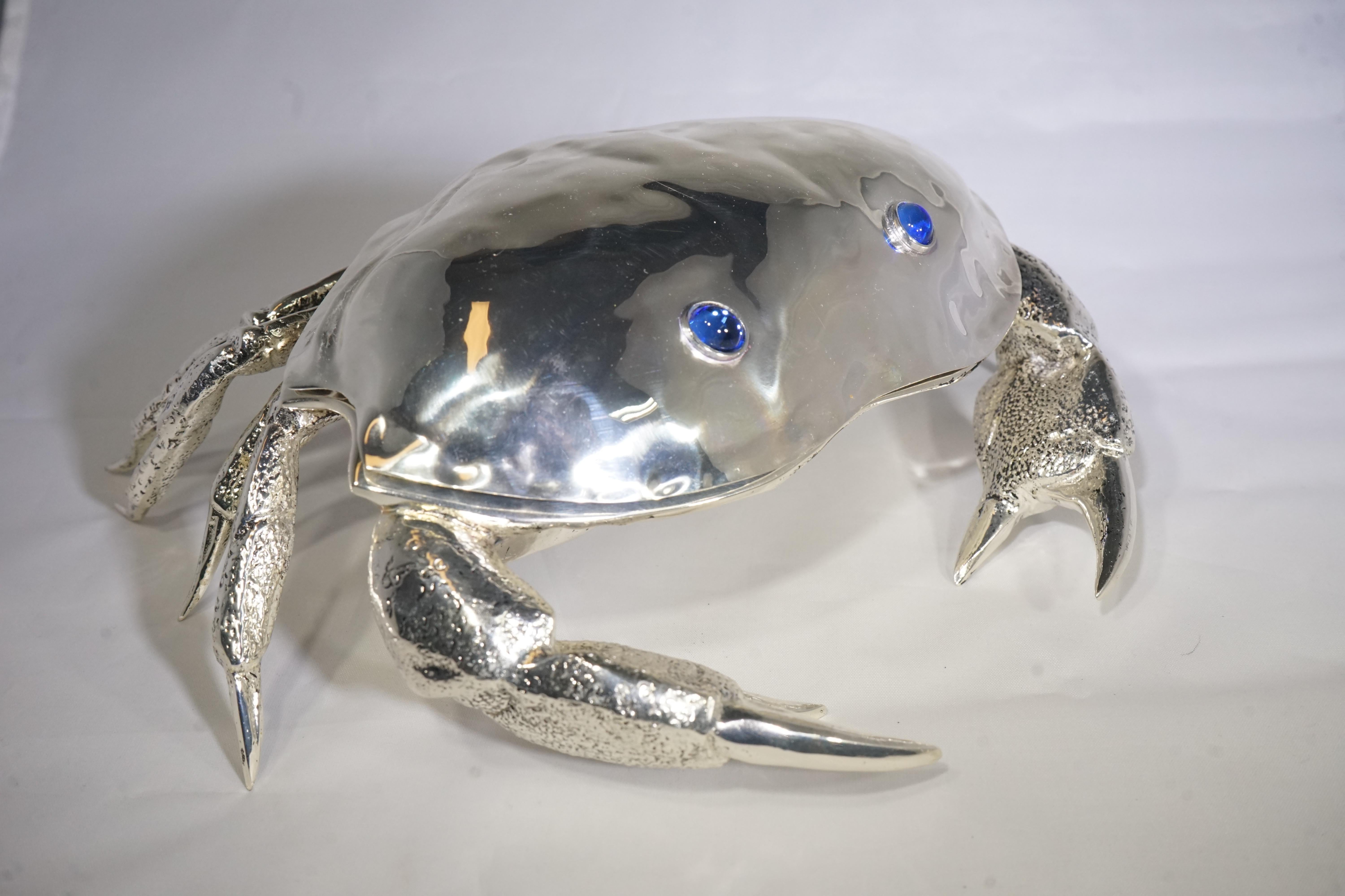 1970s Italian Franco Lapini inspired silver plated crab caviar server with cobalt blue glass liner.