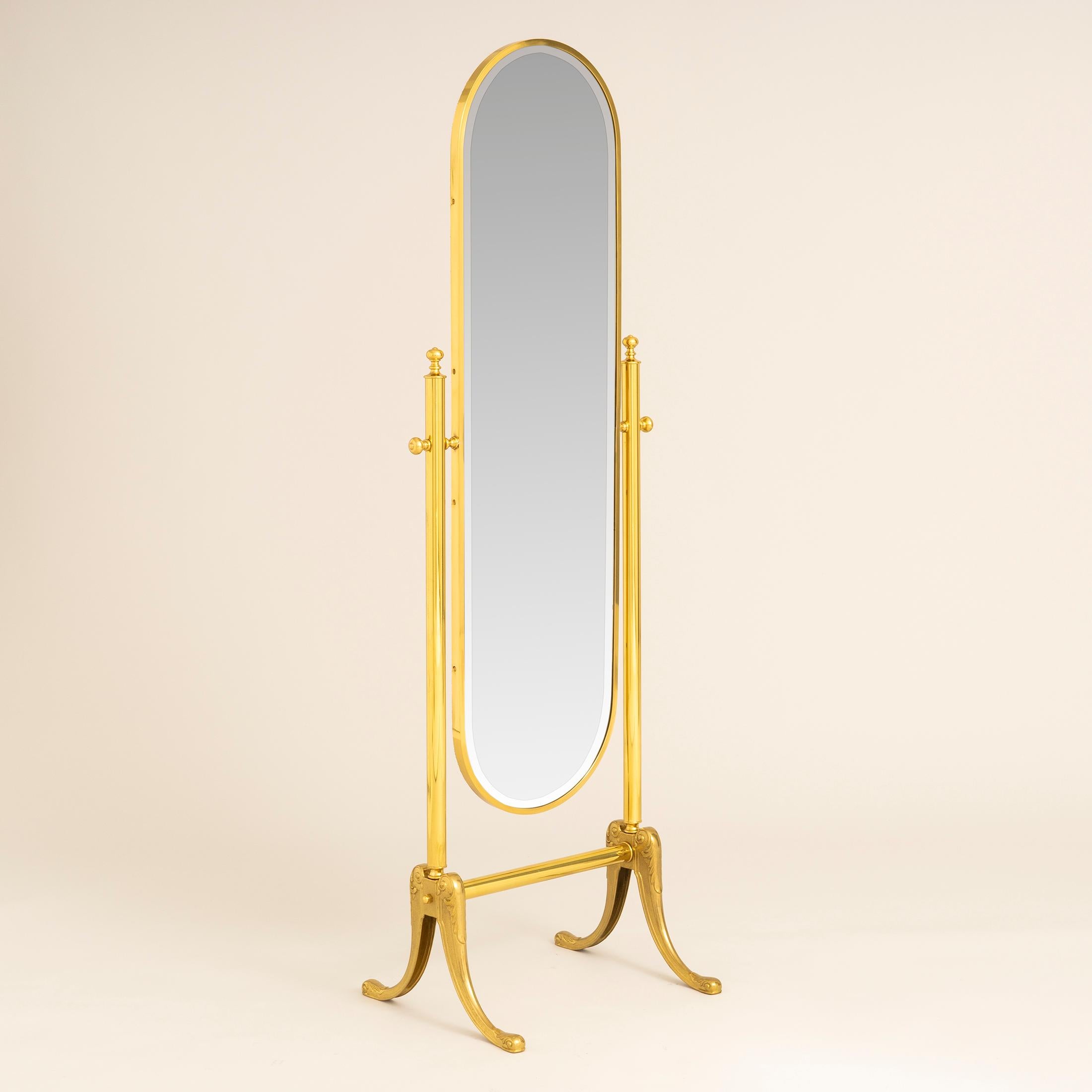Rass full-length adjustable bevelled glass mirror with intricately-detailed cast brass splayed legs (see detailed image). Backed with green baize.