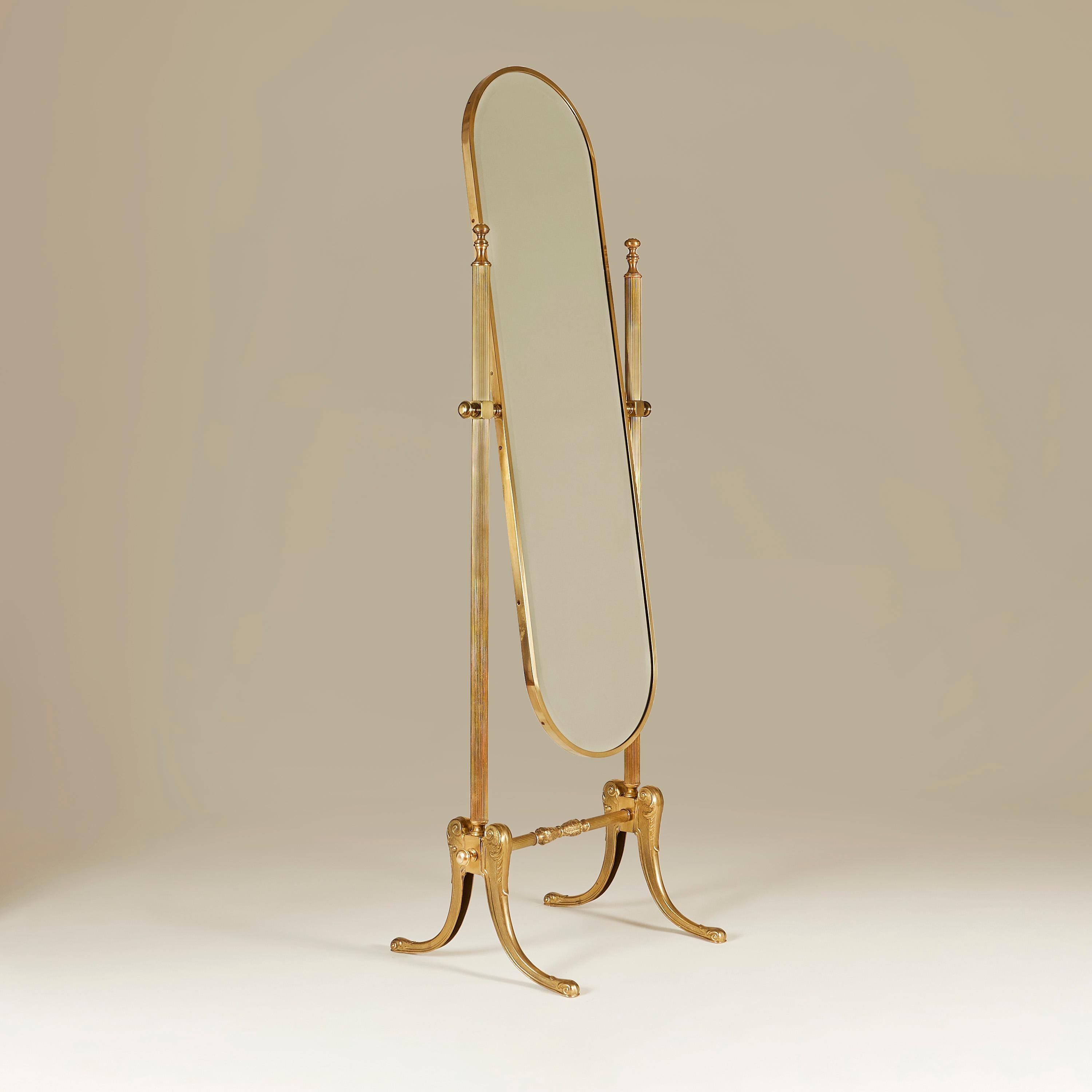 Brass full-length adjustable bevelled glass mirror with intricately-detailed cast brass splayed legs (see detailed image).
