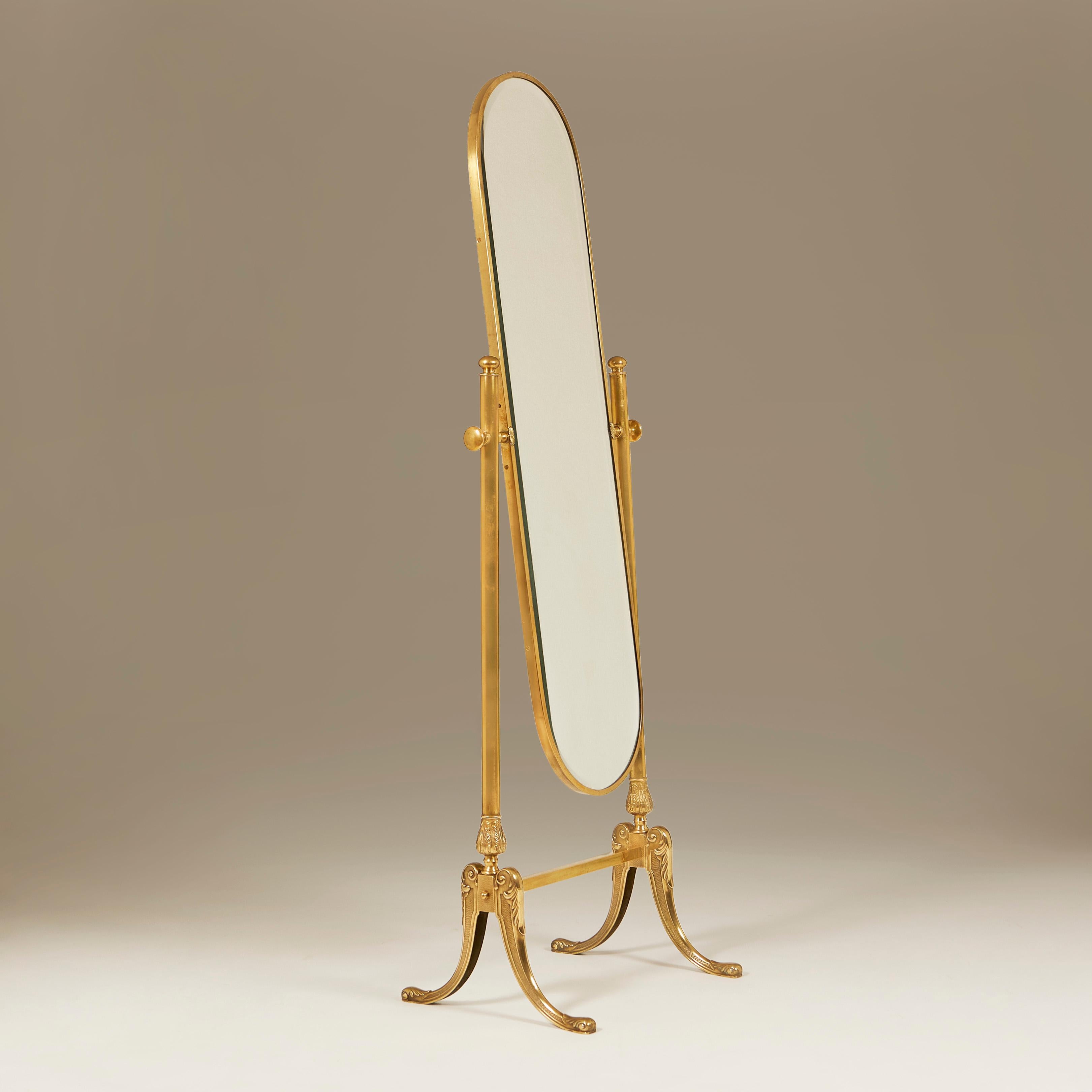Brass full-length adjustable bevelled glass mirror with intricately-detailed cast brass splayed legs (see detailed image).