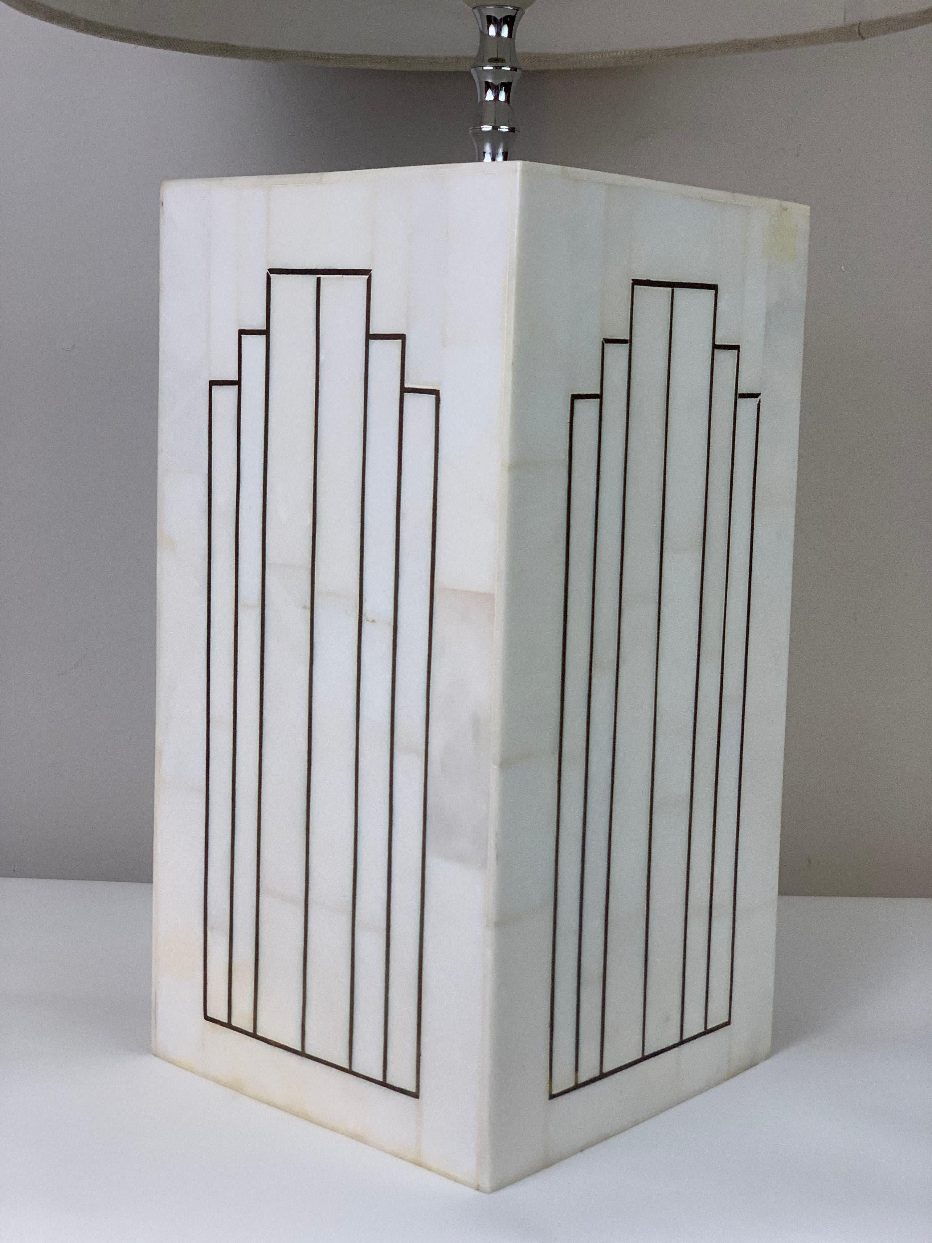 1970s Italian Geometric Inlaid Mosaic Marble and Copper Table Lamp Inc Shade 3