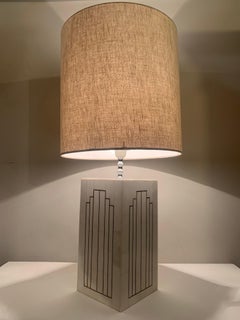 1970s Italian Geometric Inlaid Mosaic Marble and Copper Table Lamp Inc Shade