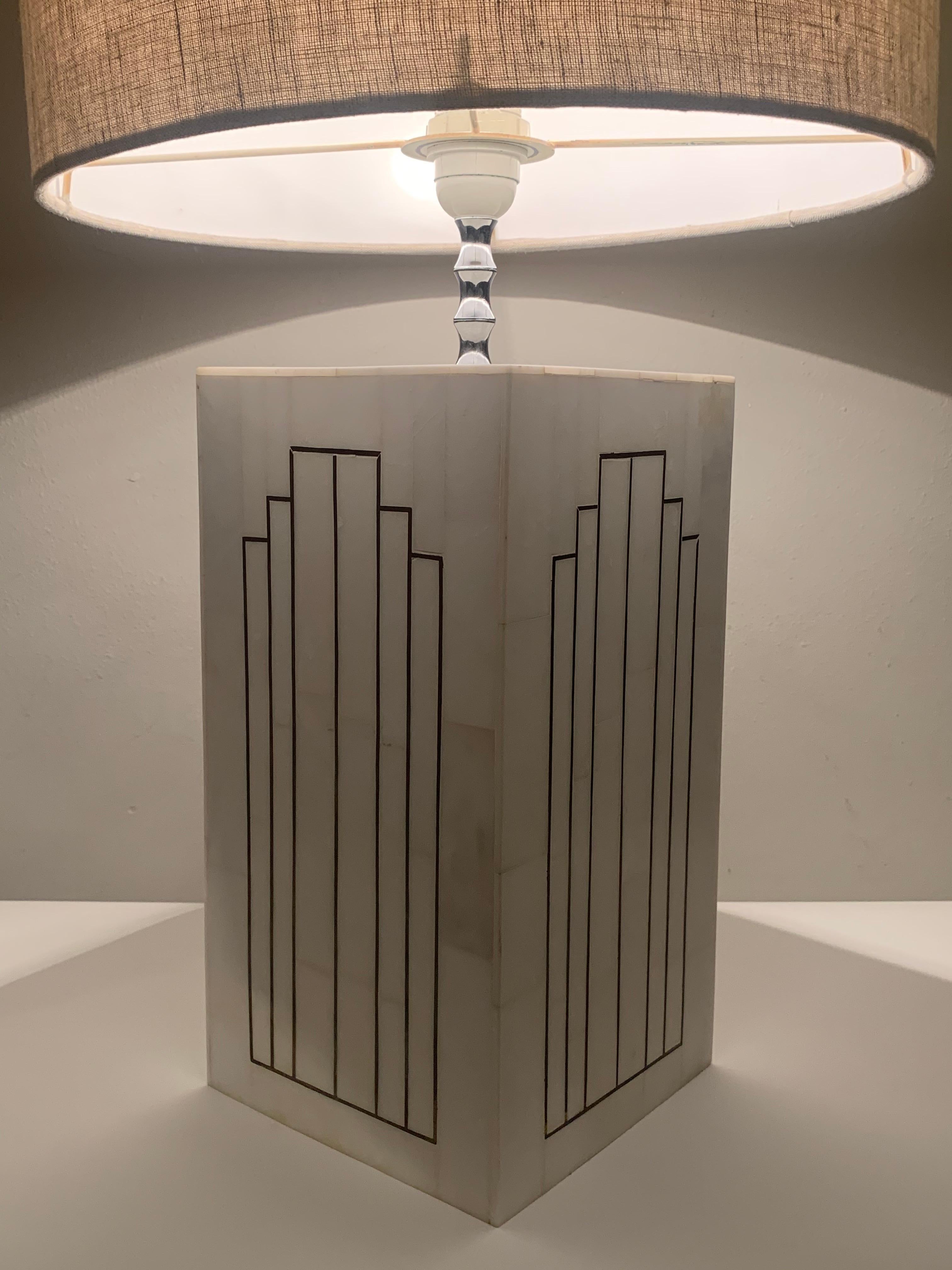 Mid-Century Modern 1970s Italian Geometric Inlaid Mosaic Marble and Copper Table Lamp Inc Shade