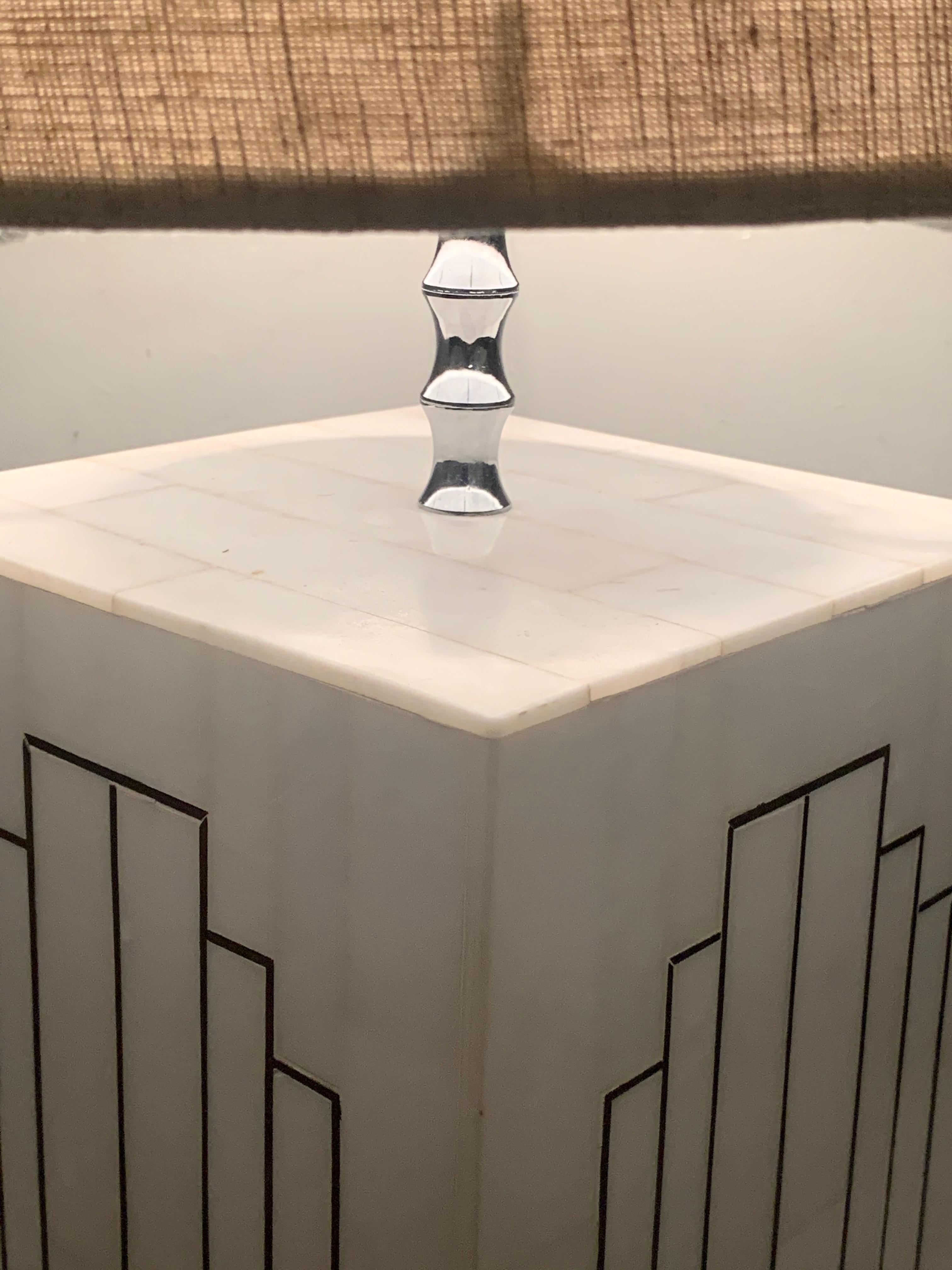 1970s Italian Geometric Inlaid Mosaic Marble and Copper Table Lamp Inc Shade In Good Condition In London, GB