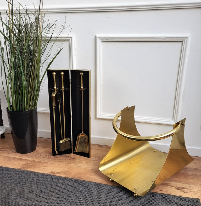 1970s Italian Gilt Brass Fireplace Wood Log Holder Rack at 1stDibs