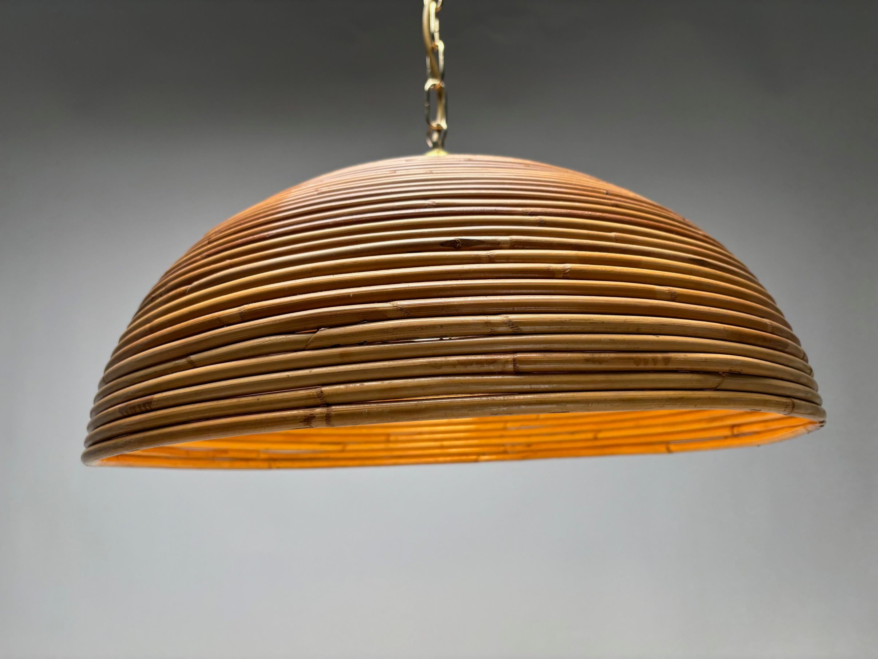 Late 20th Century 1970s Italian Gilt Brass Rattan Bamboo Wicker Pendant Suspension Hanging Light For Sale