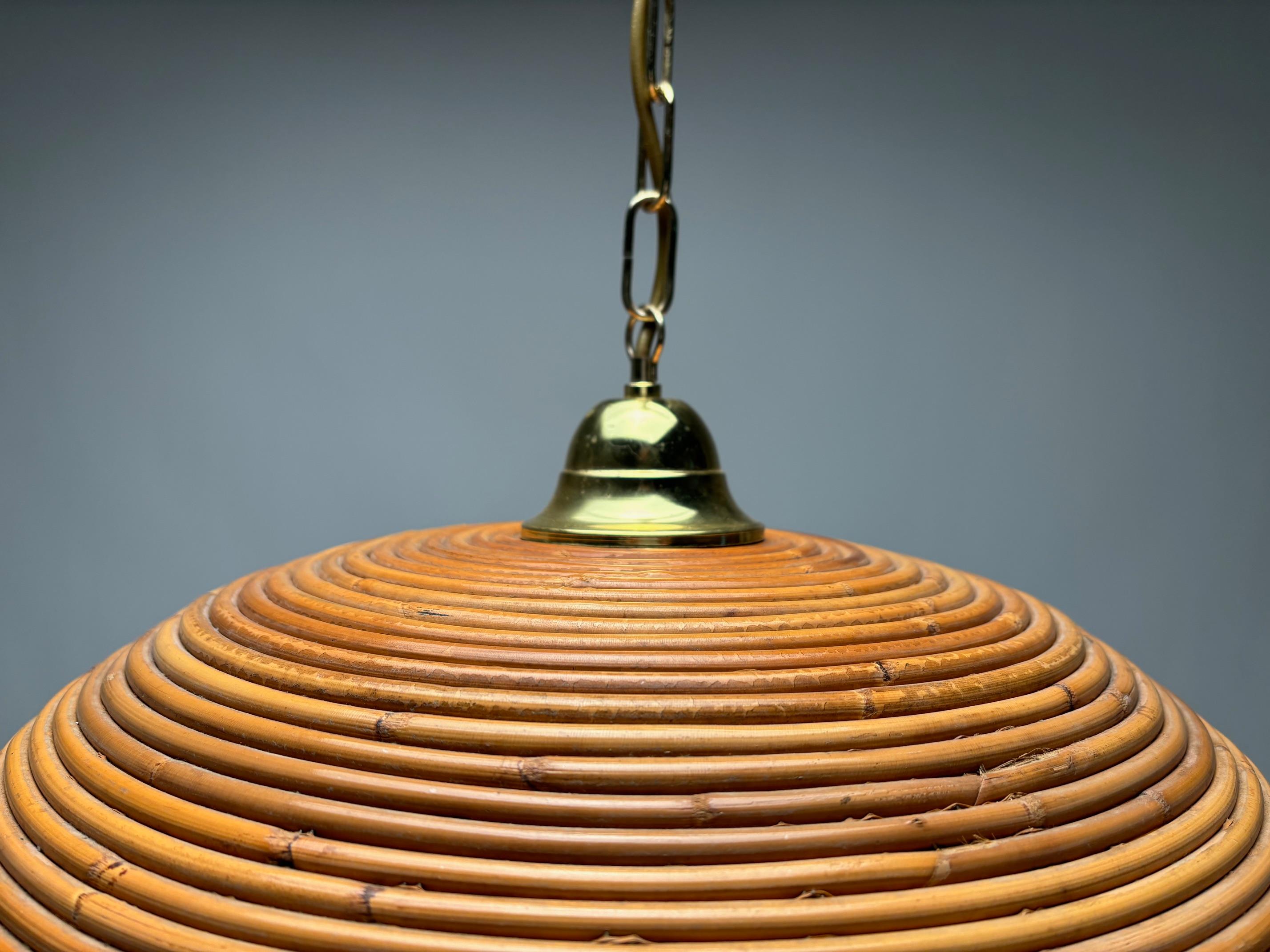 1970s Italian Gilt Brass Rattan Bamboo Wicker Pendant Suspension Hanging Light For Sale 1
