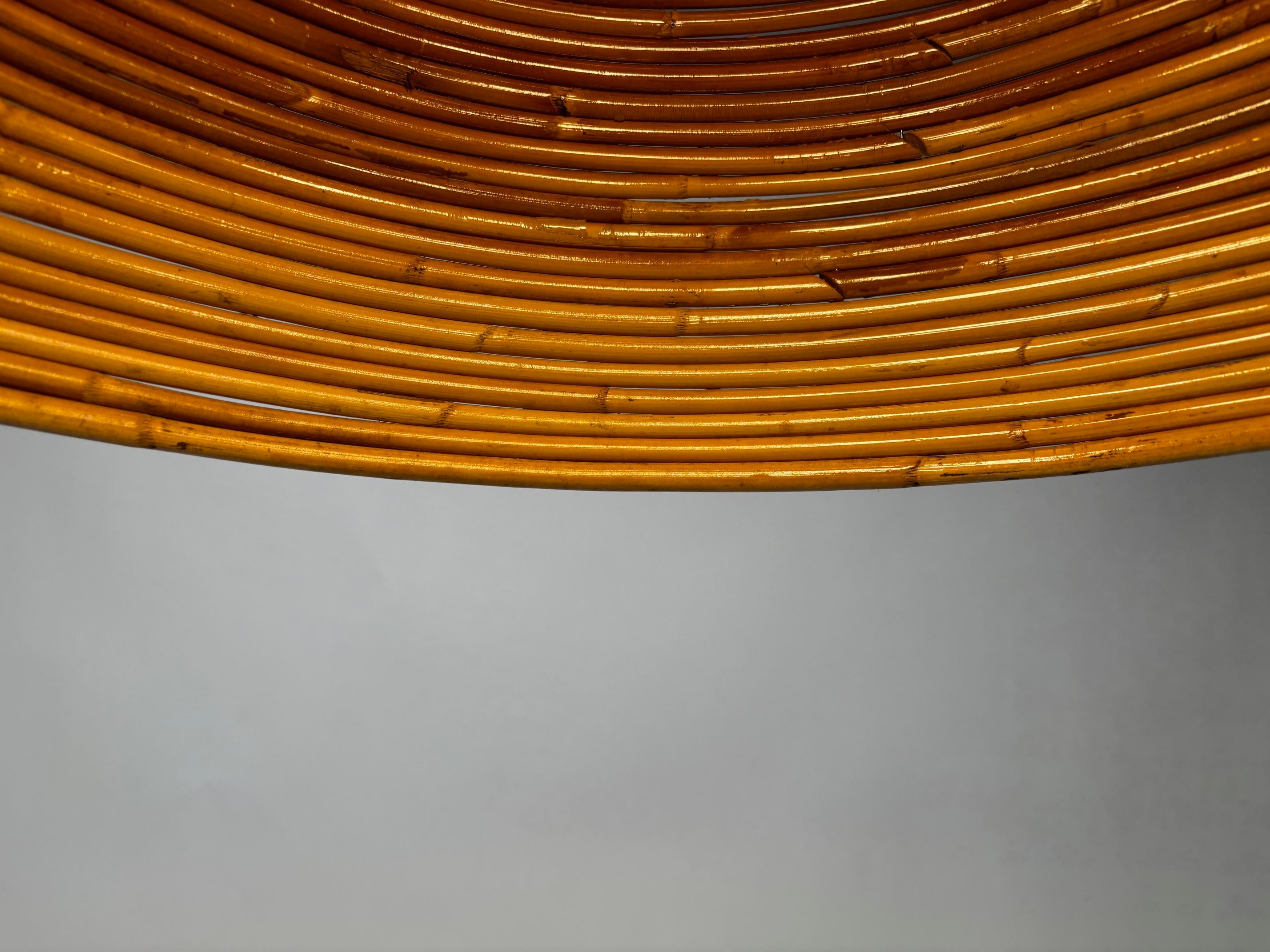 1970s Italian Gilt Brass Rattan Bamboo Wicker Pendant Suspension Hanging Light For Sale 2