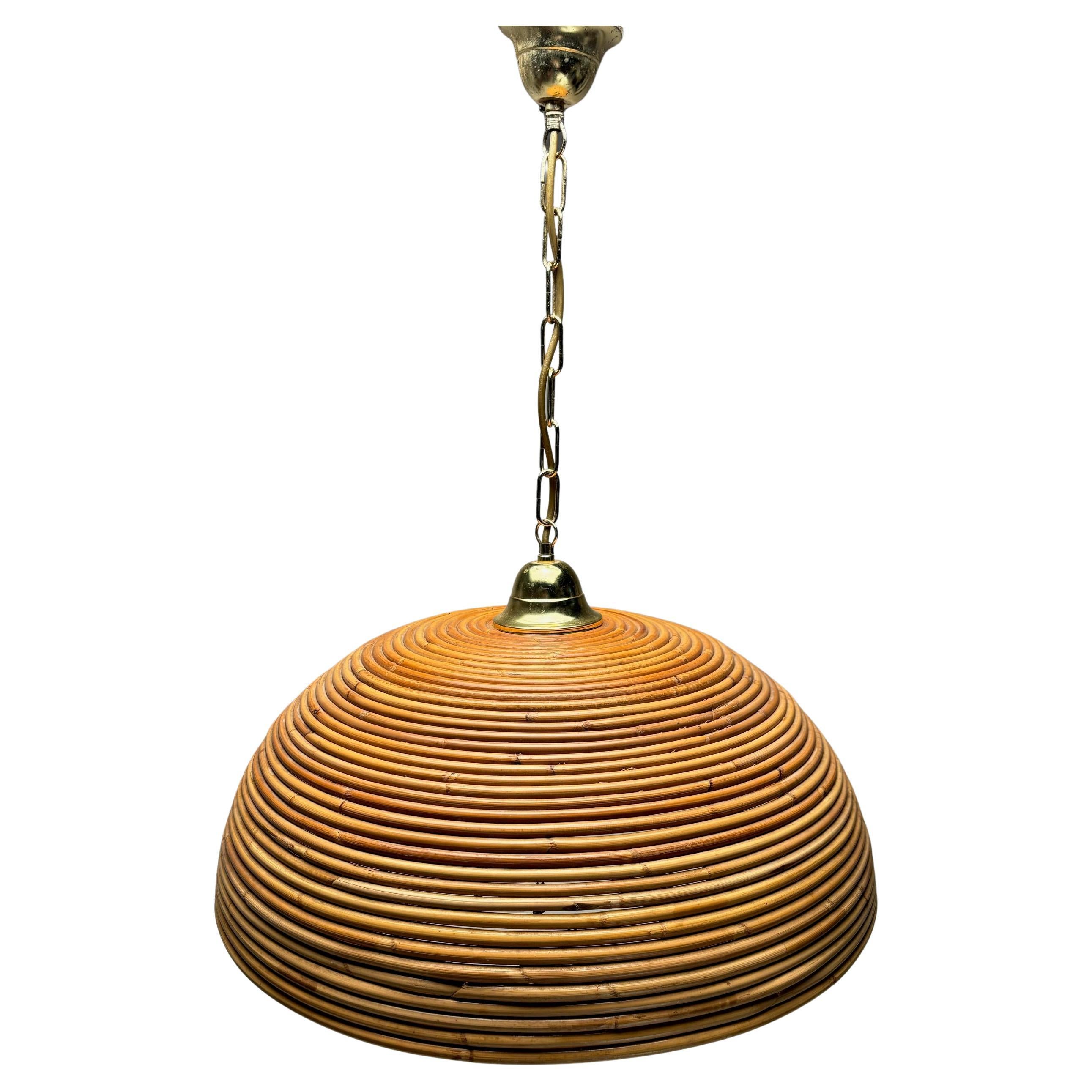 1970s Italian Gilt Brass Rattan Bamboo Wicker Pendant Suspension Hanging Light For Sale
