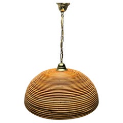 1970s Italian Gilt Brass Rattan Bamboo Wicker Pendant Suspension Hanging Light