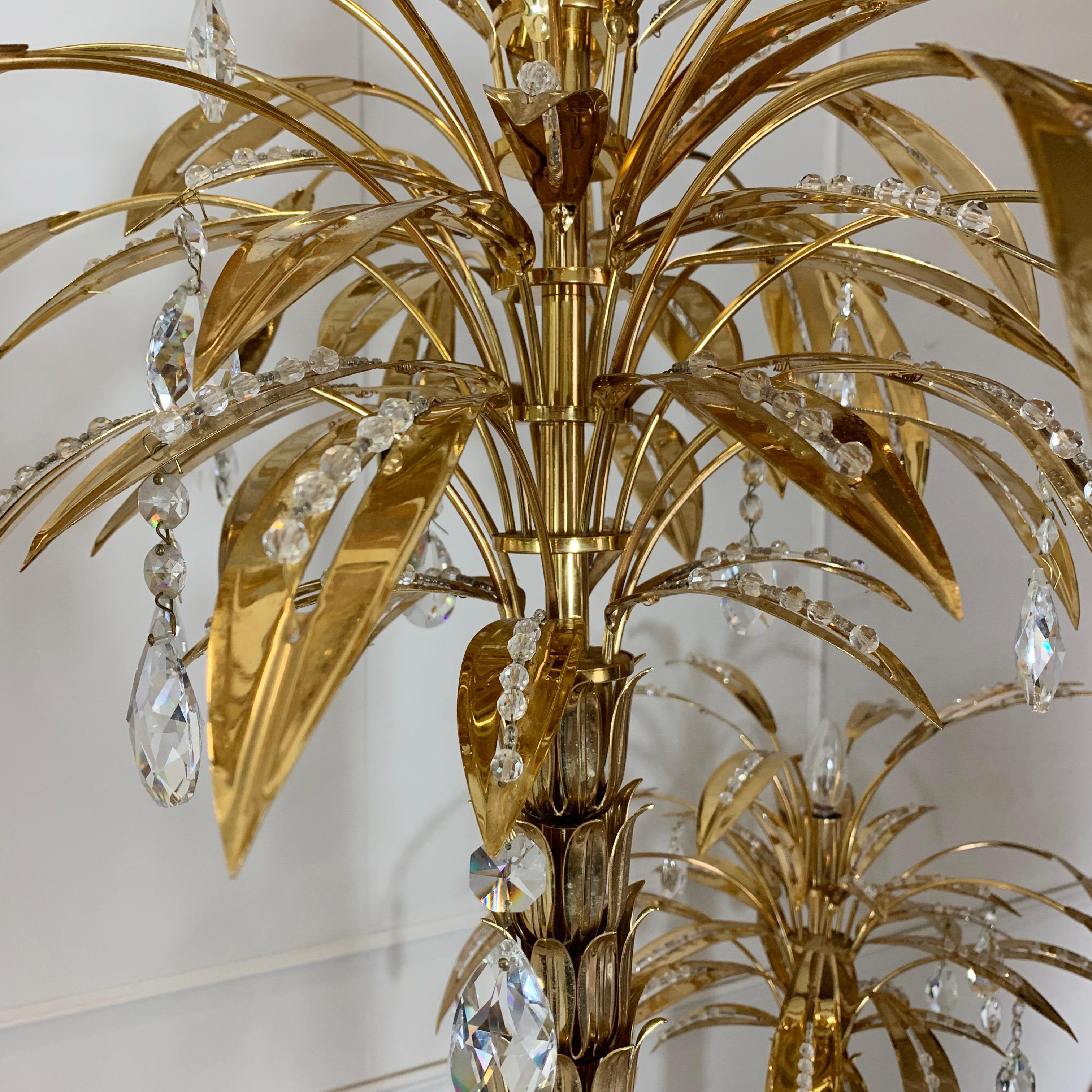 Mid-Century Modern 1970s Italian Gold Crystal Palm Tree Floor Lamp