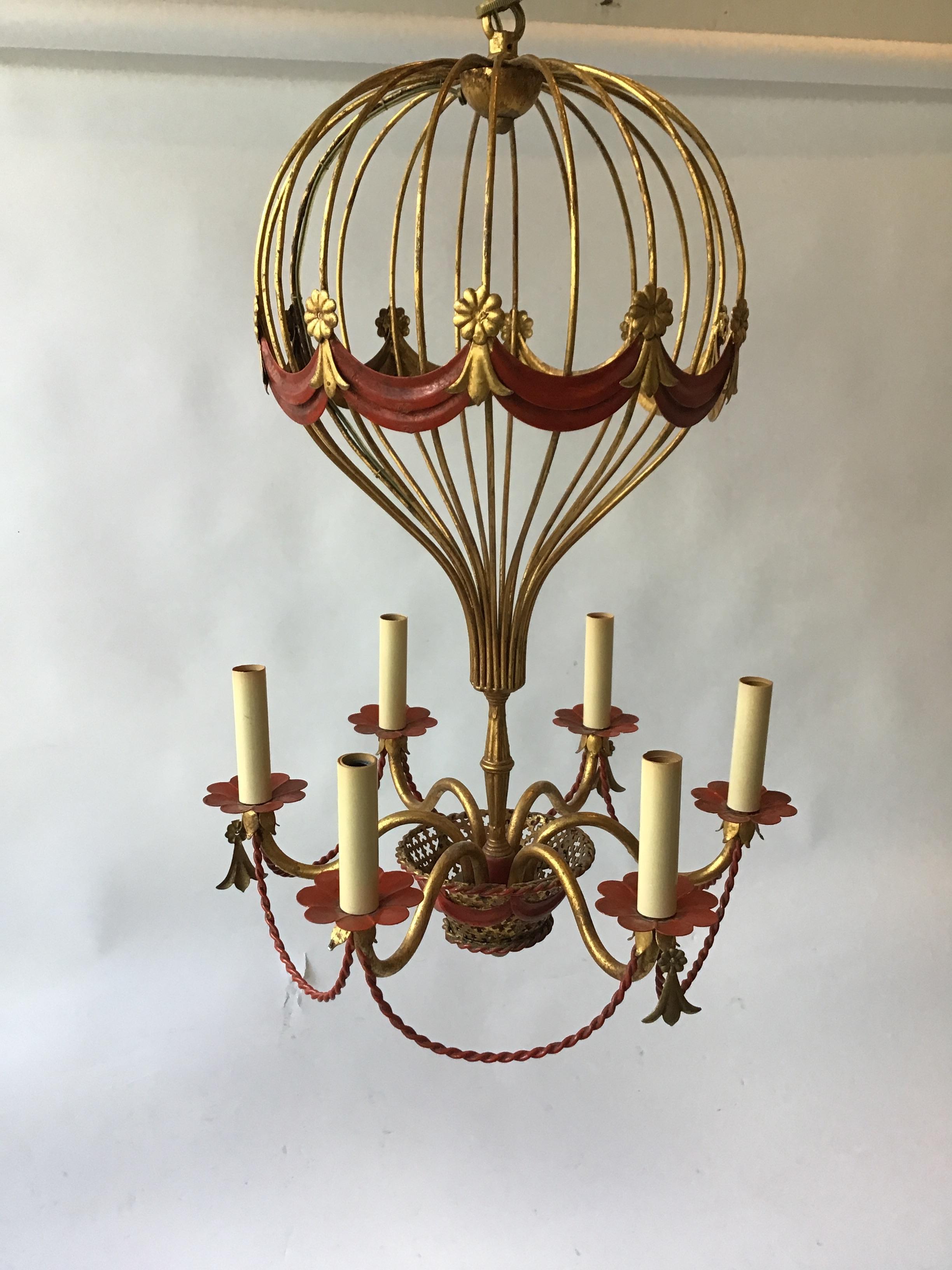 1970s Italian gilt iron hot air balloon chandelier. Decorative ornament hangs on every other arm.