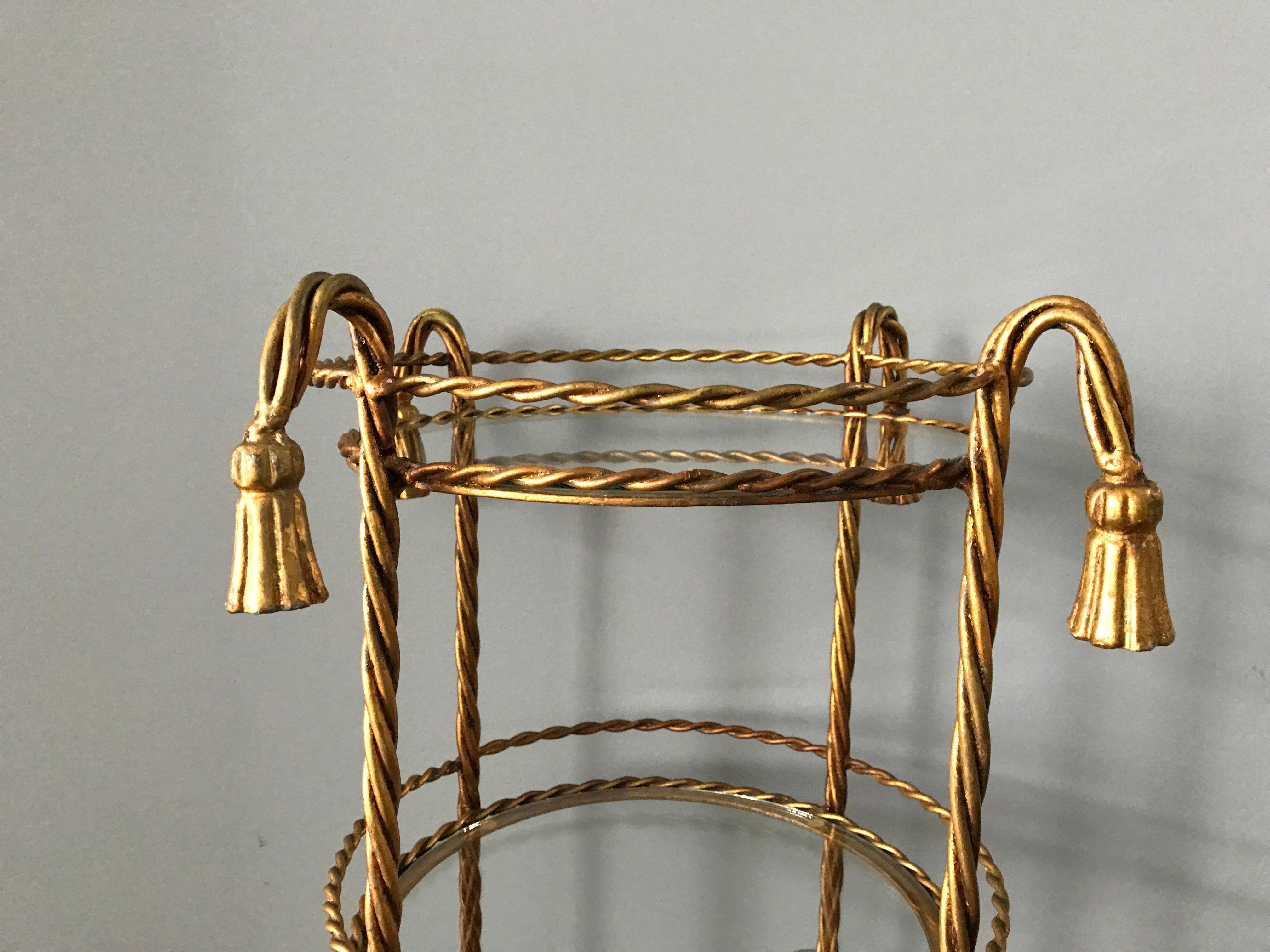 1970s Italian Gilt-Metal Rope and Tassel Three-Tiered Table In Good Condition In Richmond, VA