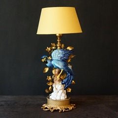 1970s Italian Giulia Mangani Tole Table Lamp Porcelain Hand Painted Blue Bird