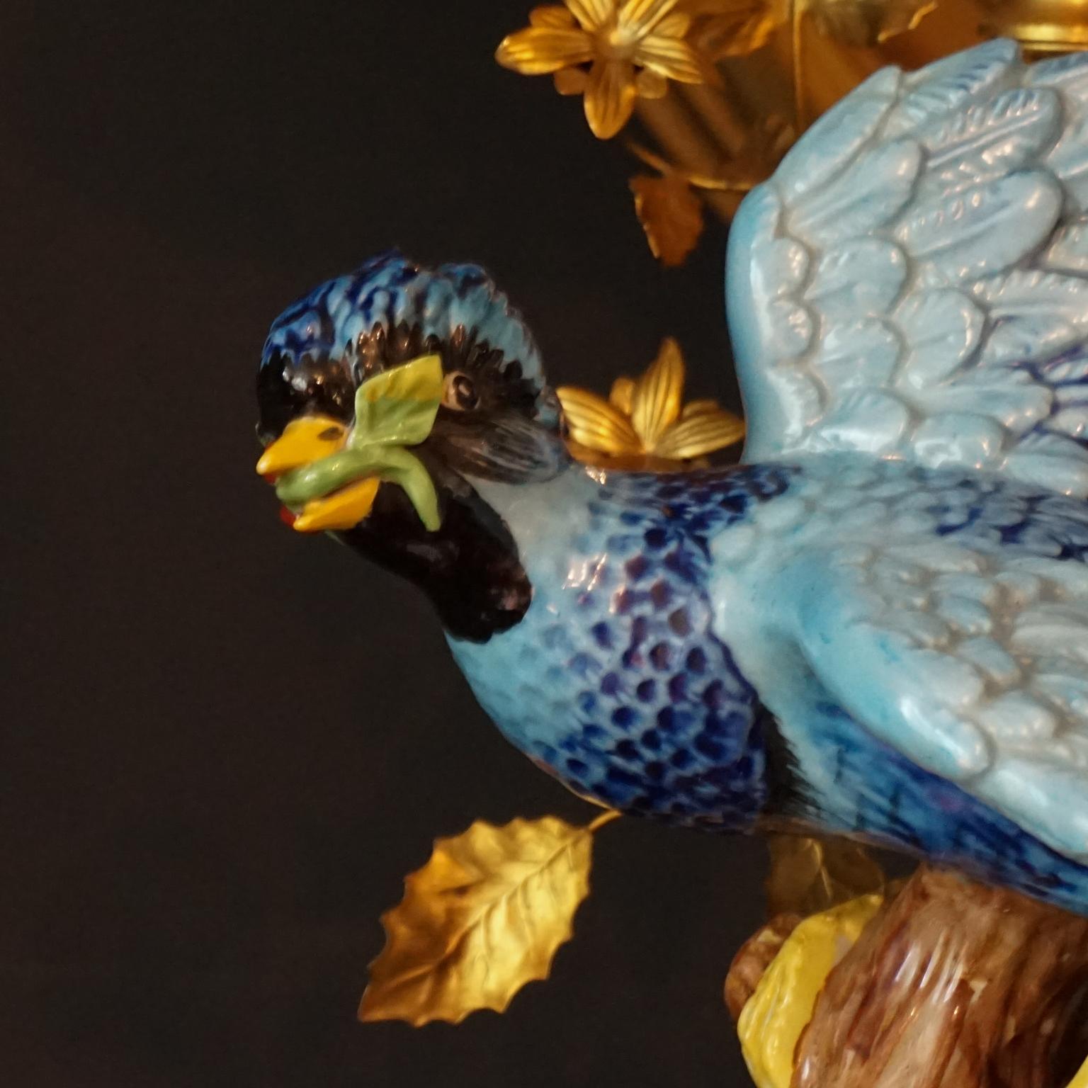 1970s Italian Giulia Mangani Tole Table Lamp Porcelain Hand Painted Blue Bird For Sale 1