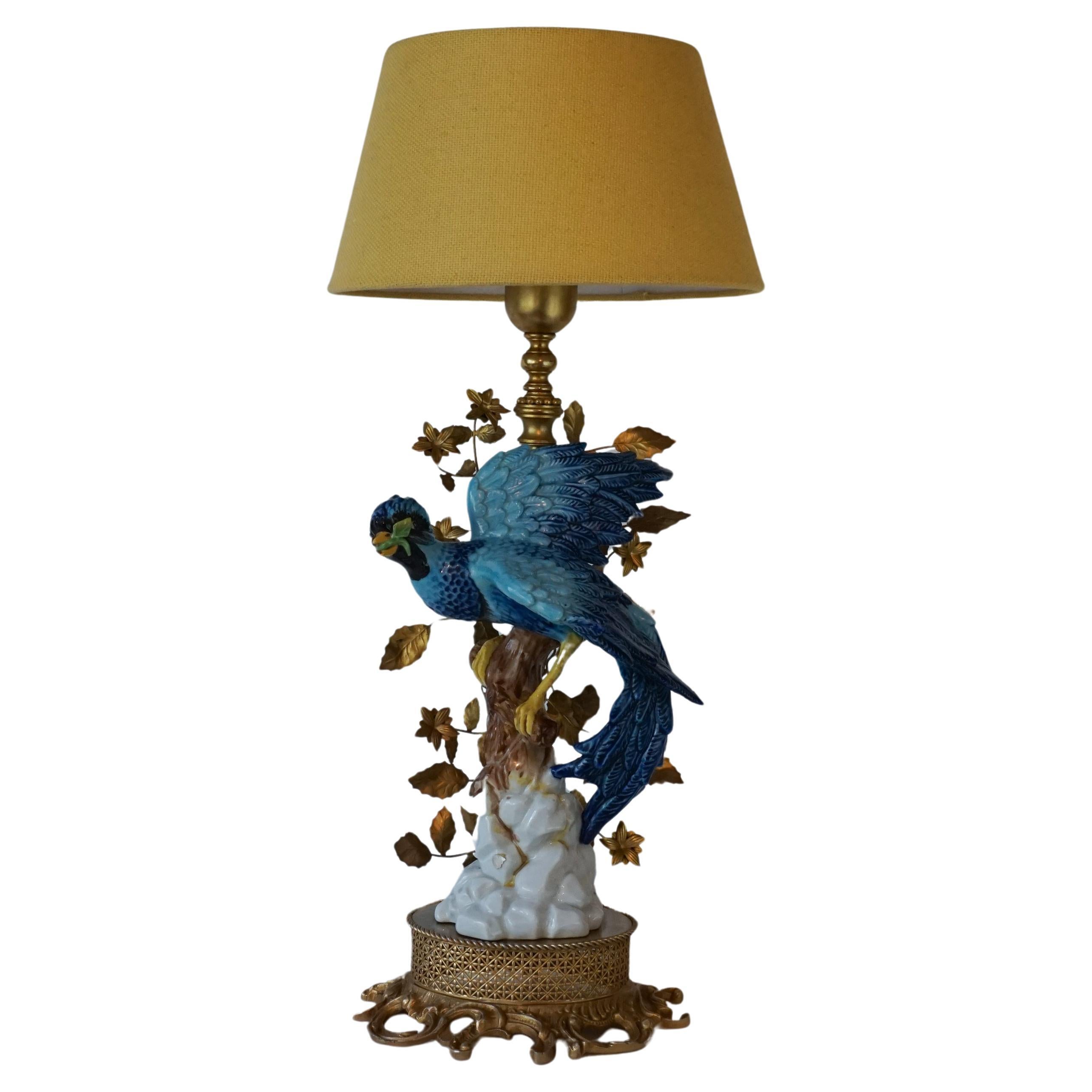 1970s Italian Giulia Mangani Tole Table Lamp Porcelain Hand Painted Blue Bird For Sale