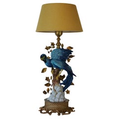 1970s Italian Giulia Mangani Tole Table Lamp Porcelain Hand Painted Blue Bird