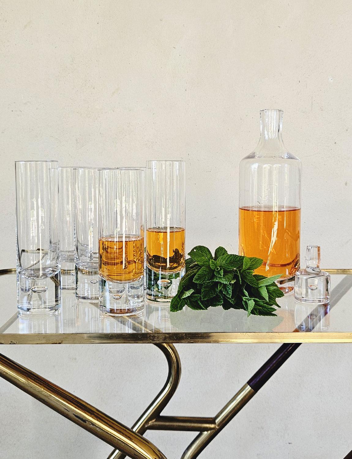 Mid-Century Modern 1970s Italian Glass Decanter with Six Highball Glasses For Sale
