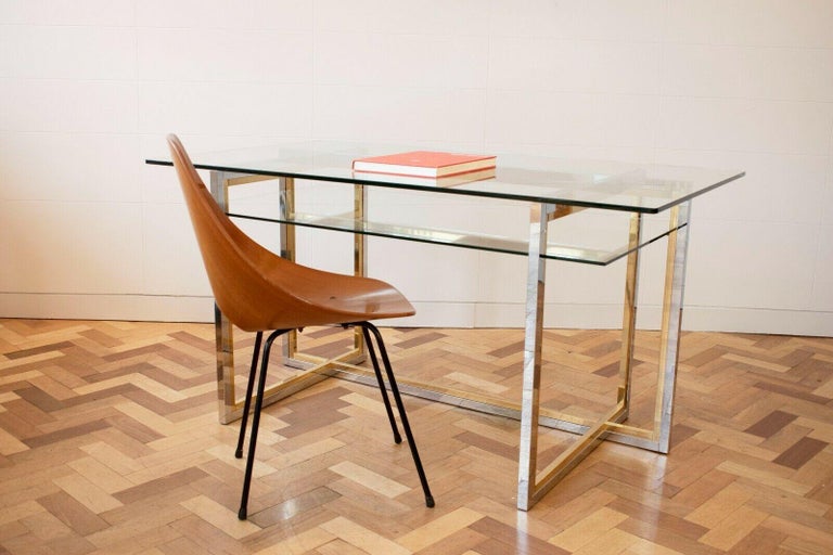 1970s Italian Glass Desk with Chrome and Brass Detailing at 1stDibs