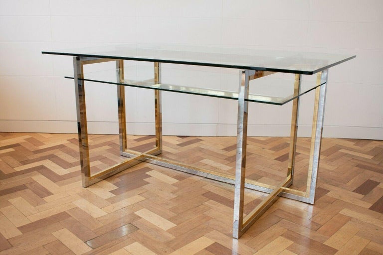 1970s Italian Glass Desk with Chrome and Brass Detailing at 1stDibs