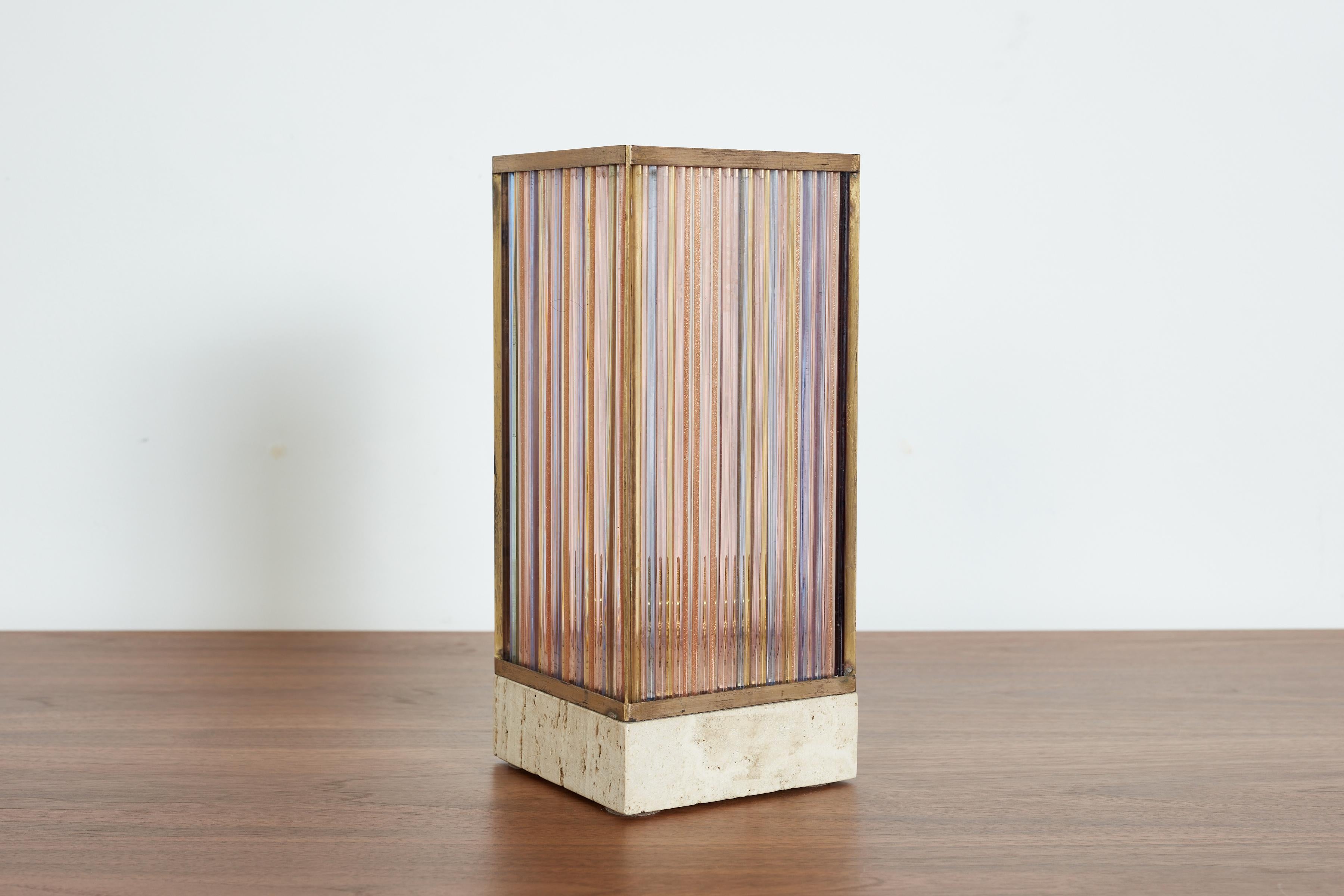 1970's Italian Glass & Travertine Table Lamp In Good Condition For Sale In Beverly Hills, CA